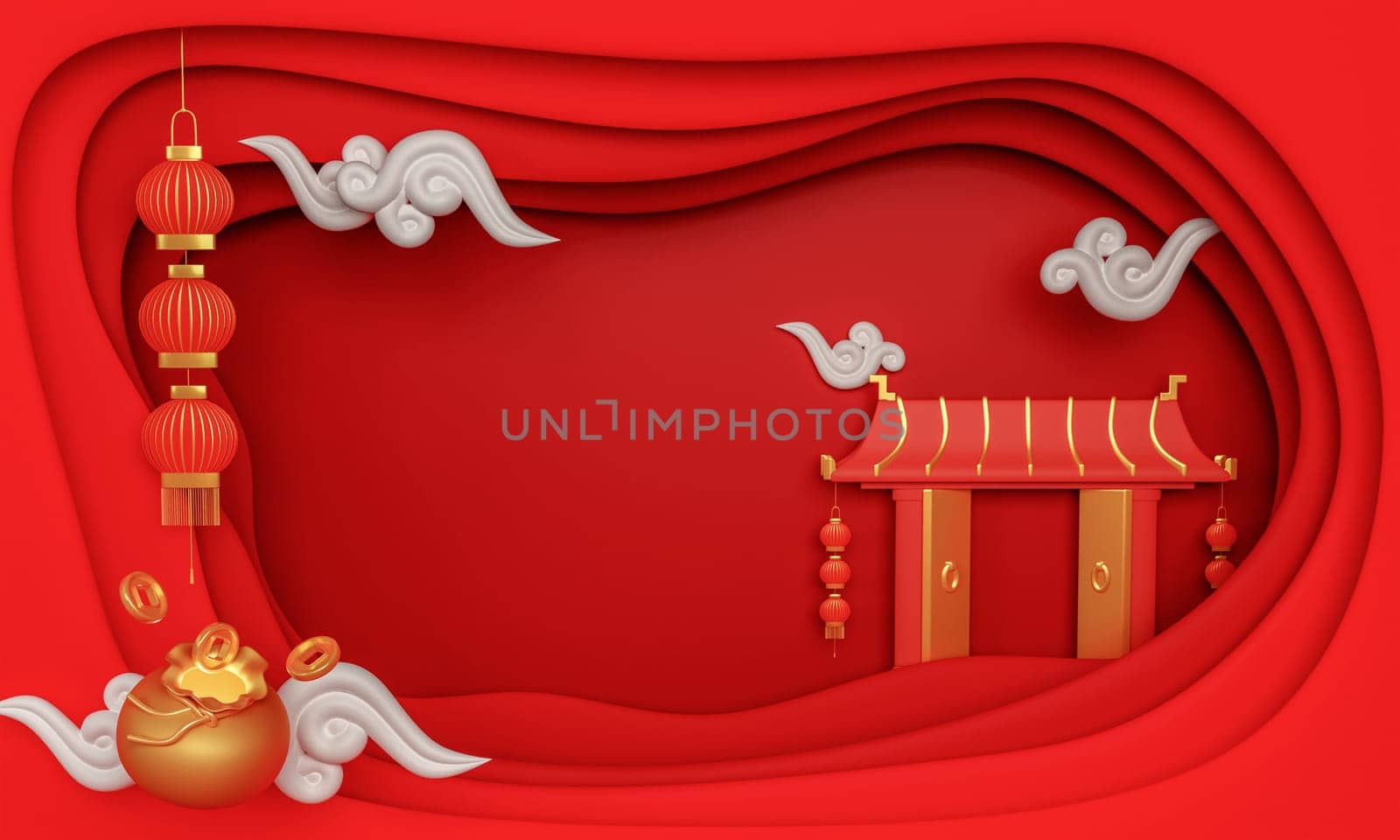Chinese New Year 2023 Year of the Rabbit. Chinese Zodiac Template, Poster Banner Flyer for Chinese New Year Chinese temple gate and copy space. 3D render Illustration.