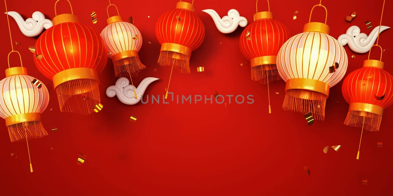 2023 Chinese new year decoration background banner. gold glitter ingots and lanterns decoration. copy space. 3D render Illustration by meepiangraphic