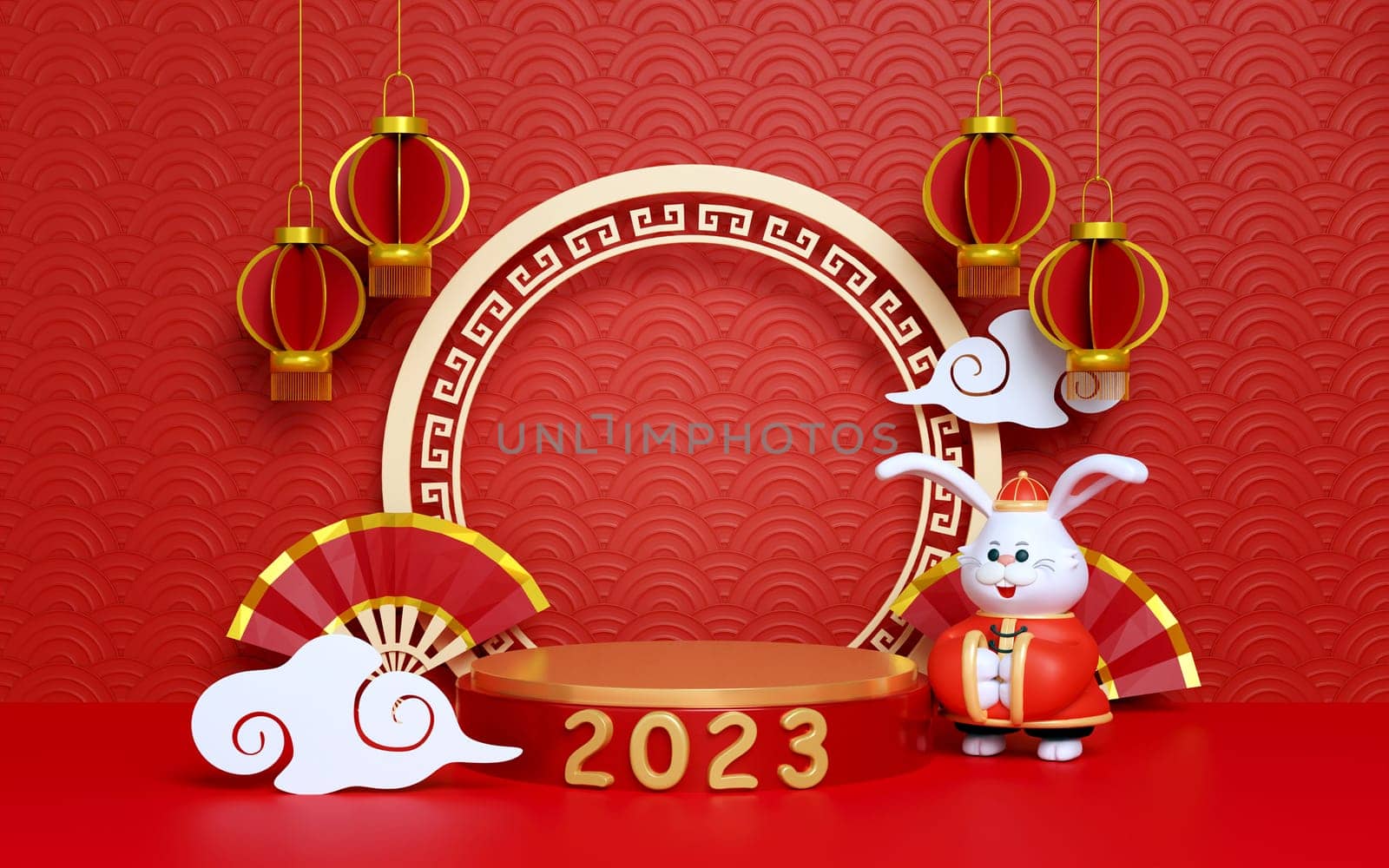 Red podium chinese new year concept. product stand podium background pedestal 3D rendering illustration by meepiangraphic