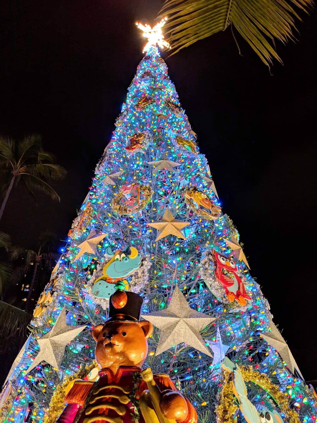 Honolulu - December 24, 2018: Tall and festive Christmas tree at Honolulu Hale, the city hall of Honolulu, Hawaii. The tree is adorned with colorful ornaments, lights, and a star on top. The photo is taken at night, with the tree glowing against a dark sky. The background shows palm trees and buildings, creating a contrast between the tropical and urban elements of the city. The photo is a unique and beautiful representation of Christmas in Hawaii.