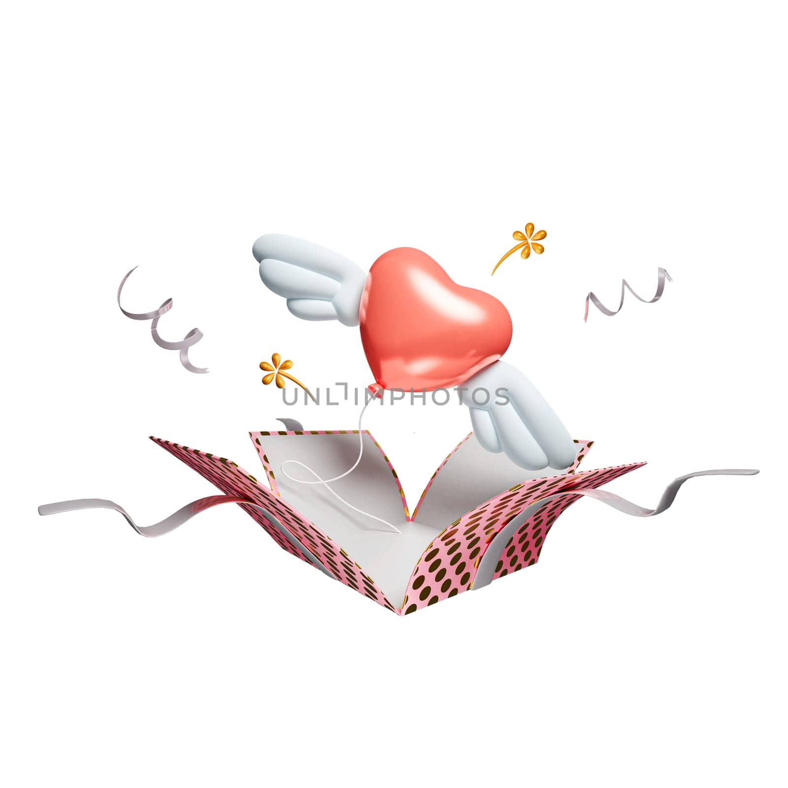 Happy Valentines day with opened gift box, heart shape wing isolated on pink background with clipping path, 3D rendering illustration by meepiangraphic