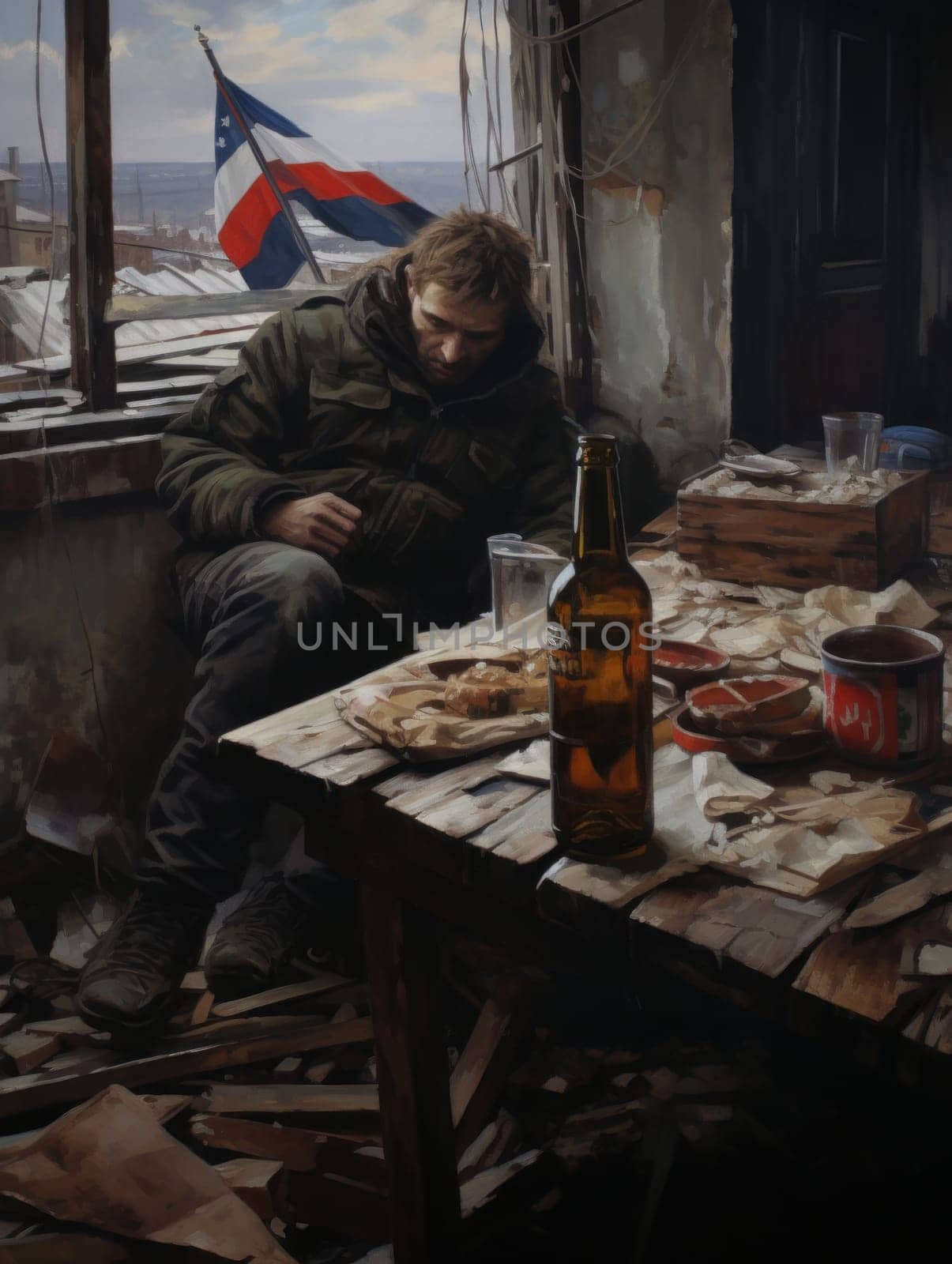 Homeless male alcoholic sitting alone and depressed in an abandoned destroyed building, alcohol and drug addiction concept AI