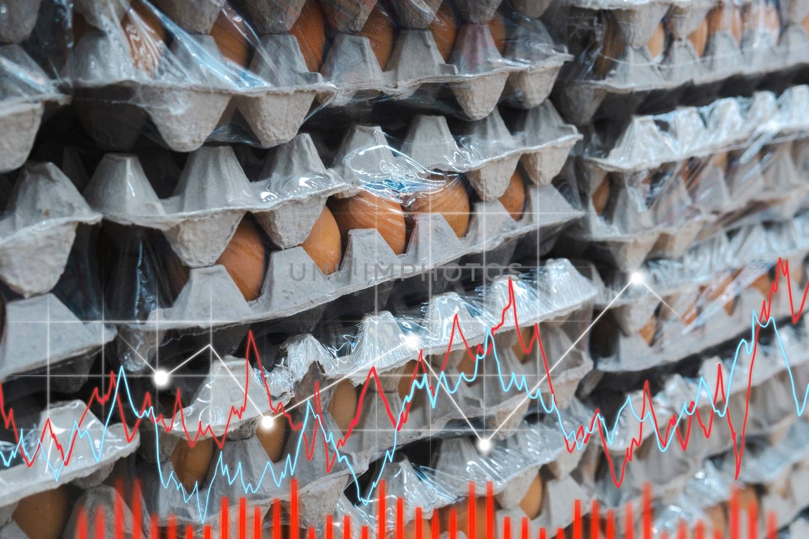 Eggs on the background of the supermarket. Charts and charts. Food prices rose. Inflation concept. retail.