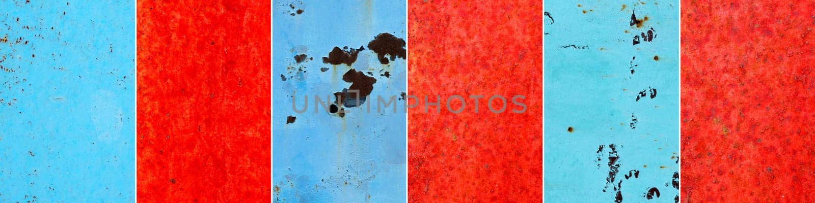 Red and blue metal and paint creating textured wall background, collage