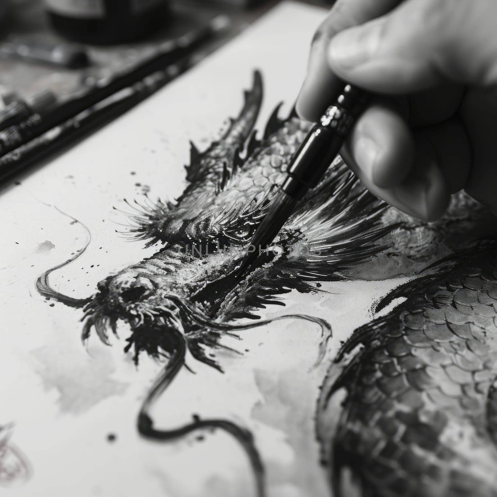 Black and white painting of a dragon. Year of the dragon concept.