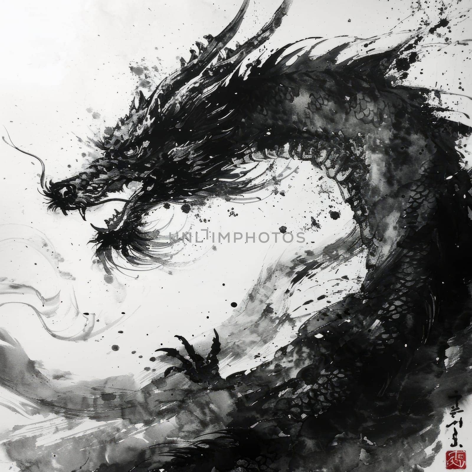 Black and white painting of a dragon. Year of the dragon concept.