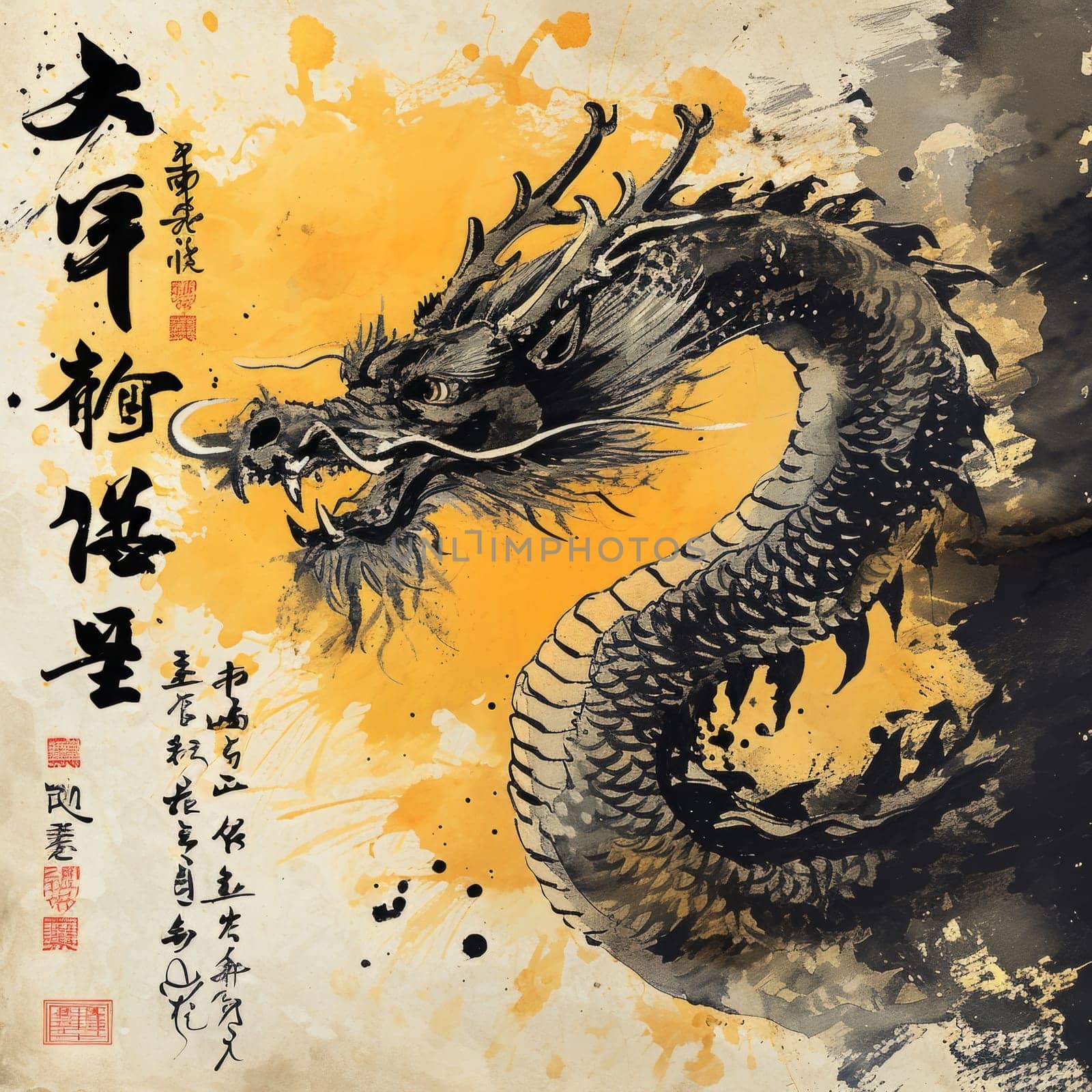 Golden painting of a dragon. Year of the dragon concept.