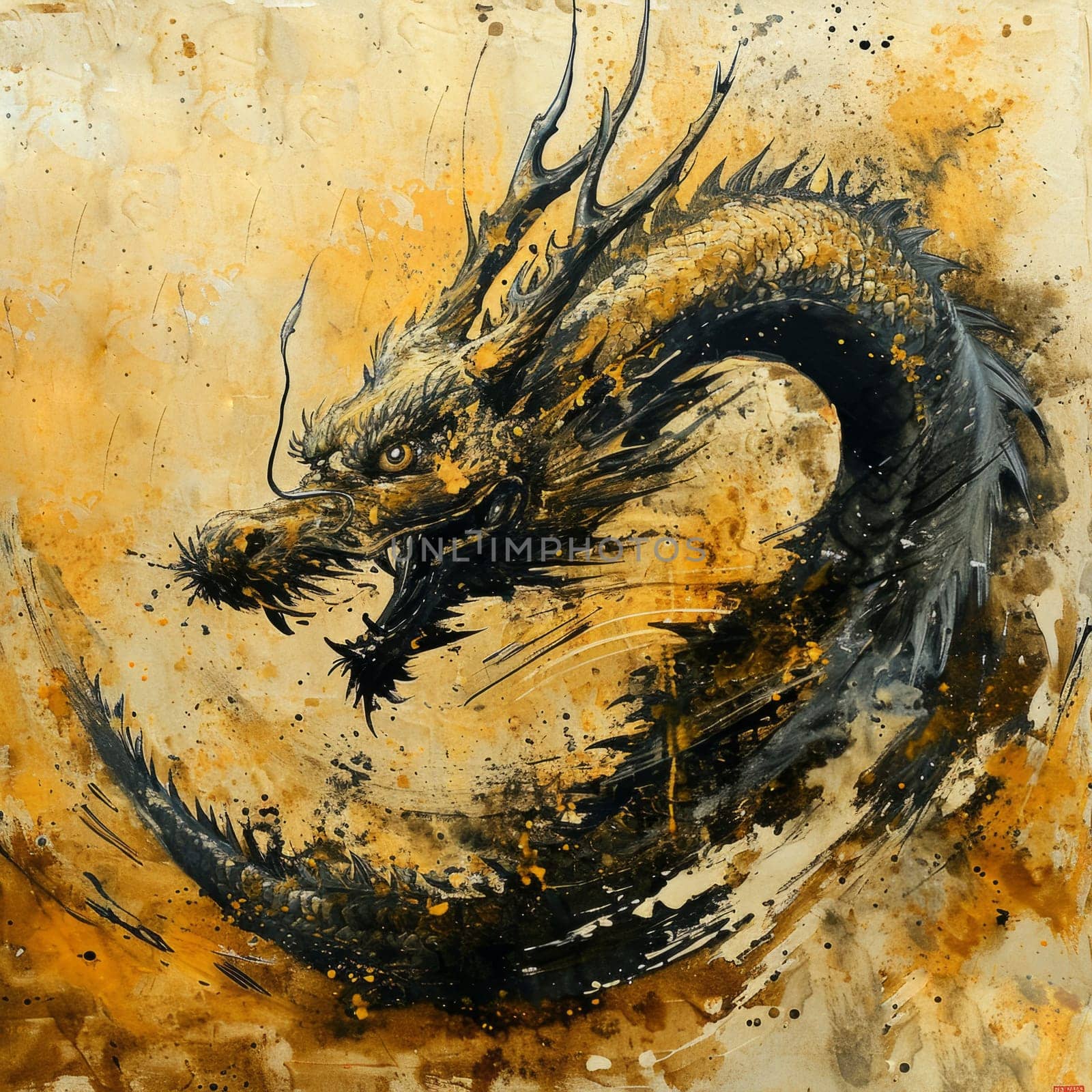 Golden painting of a dragon. Year of the dragon concept.