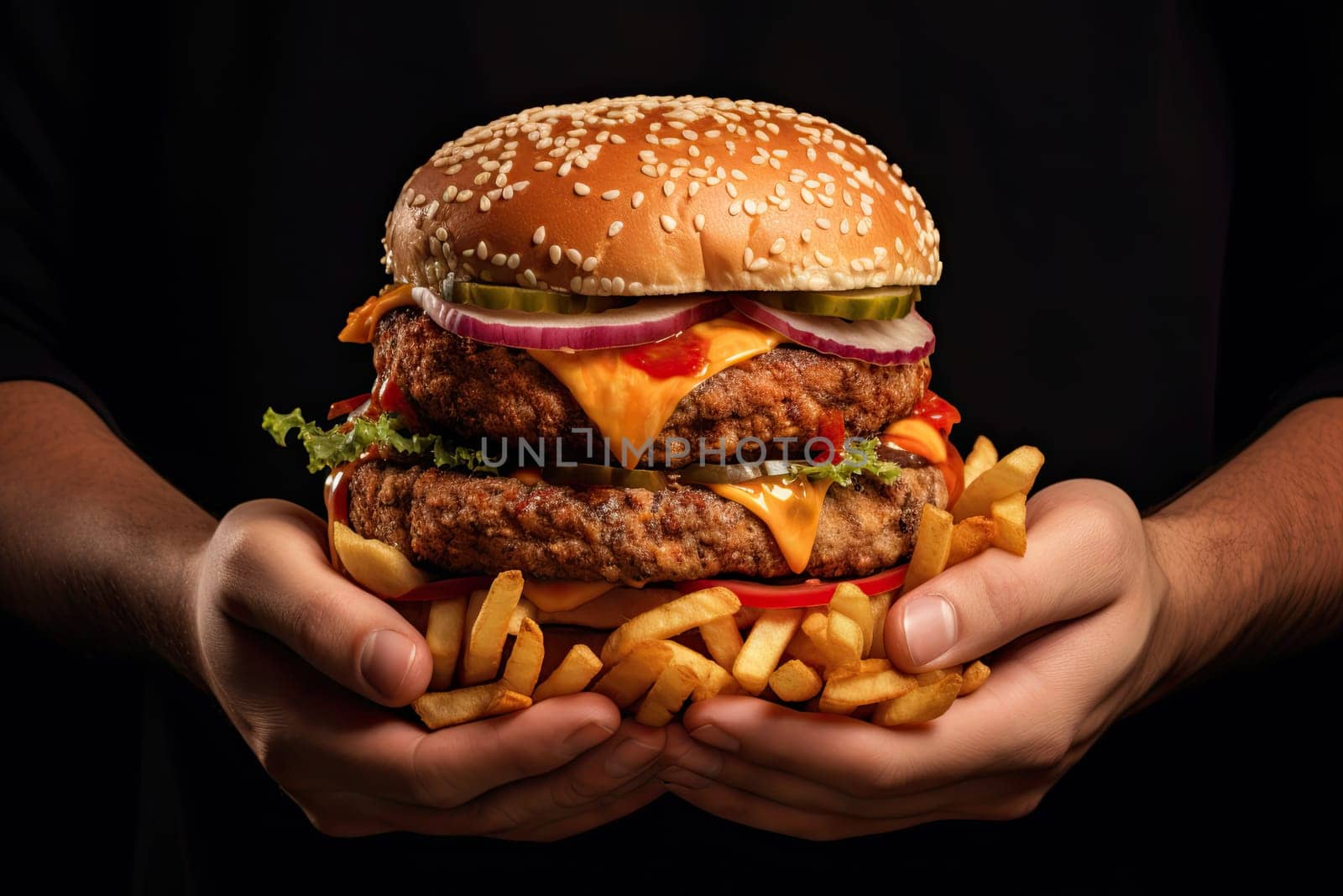 Close up of hands holding a big hamburguer with french fries. Concept of unhealthy eating and harmful diet.