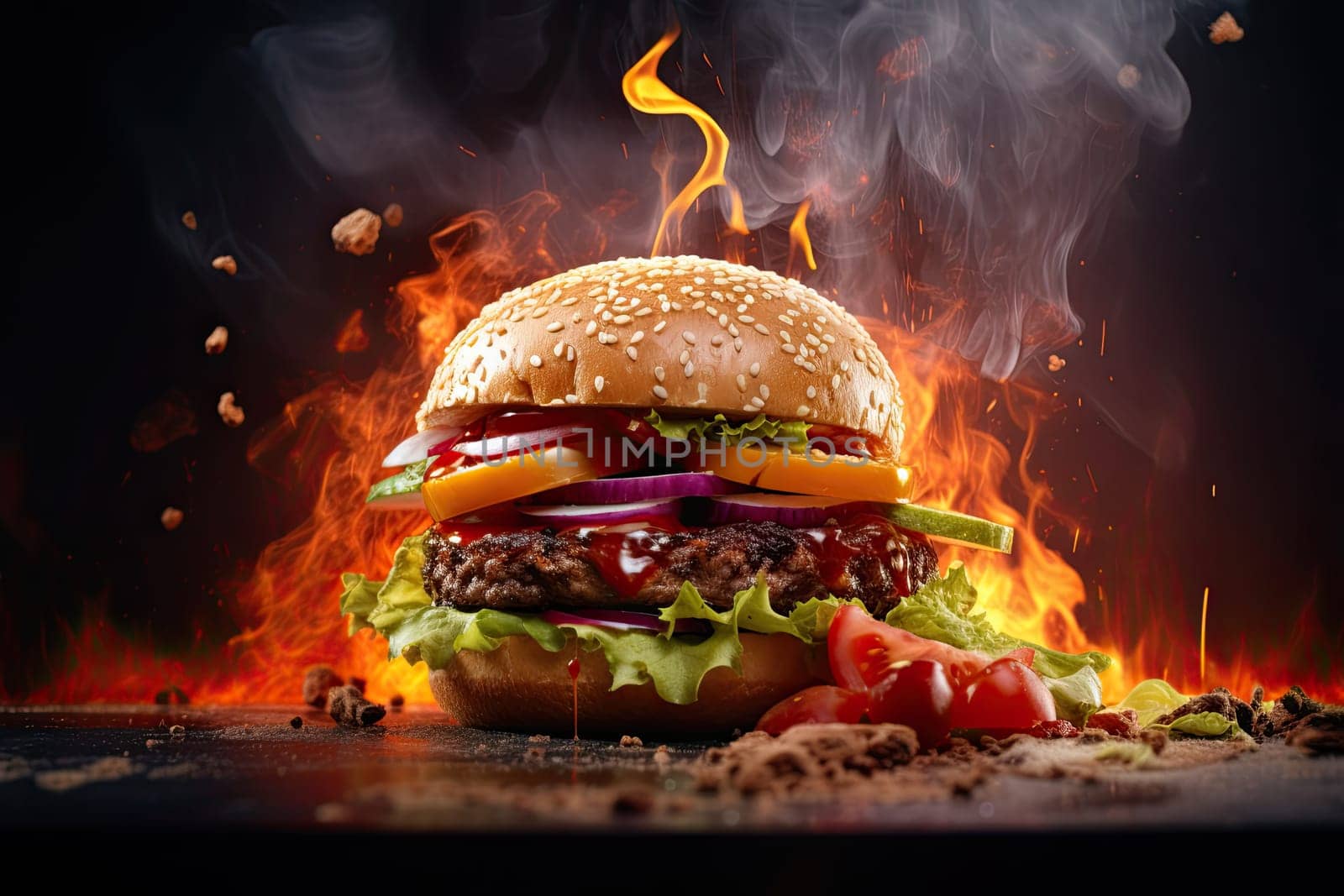 Front view of a burning tasty and delicious hamburguer isolated. Dark food and tasty fast food concept.