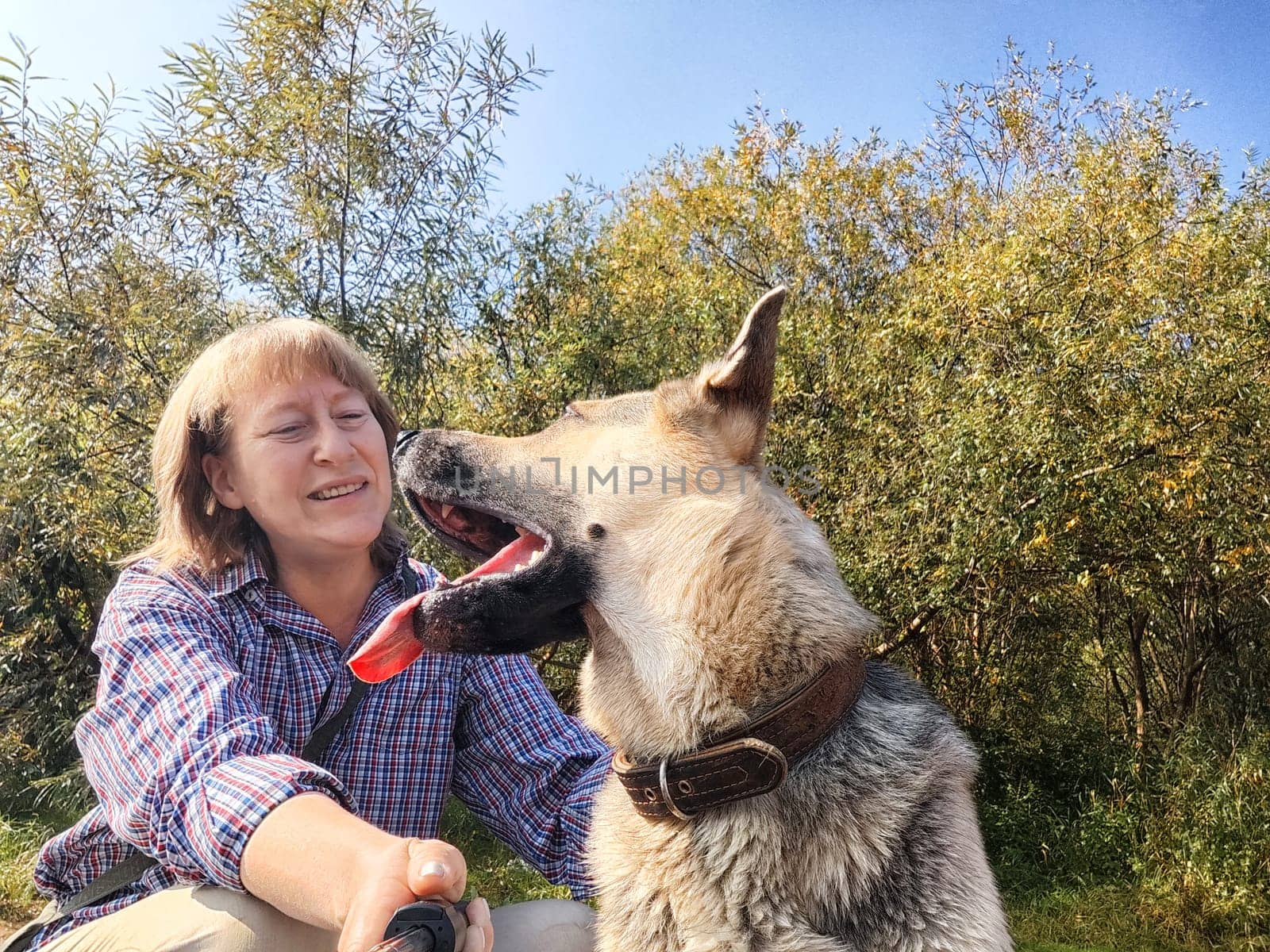 Adult girl with shepherd dog taking selfies in a forest. Middle aged woman and big shepherd dog on nature. Friendship, love, communication, fun, hugs by keleny