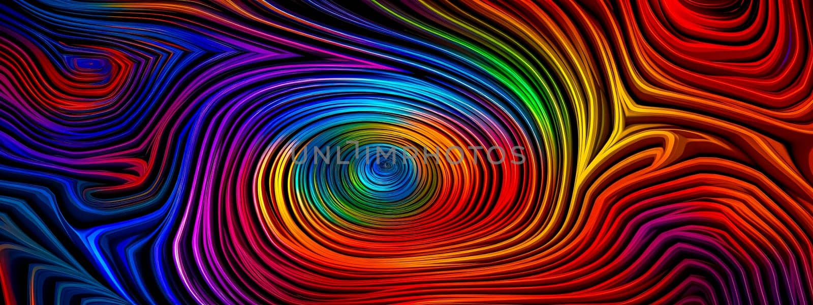 vivid display of optical art, featuring a mesmerizing array of concentric lines in a rainbow of colors that create a hypnotic, swirling pattern, evoking movement and a kaleidoscopic effect, banner