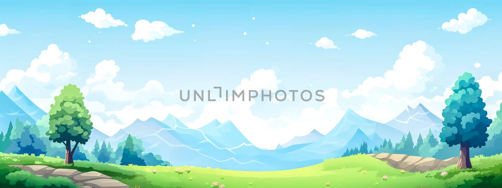 landscape, featuring a lush green meadow with colorful flowers, rounded trees with thick foliage, and a backdrop of layered blue mountains under a bright sky dotted with fluffy white clouds, banner