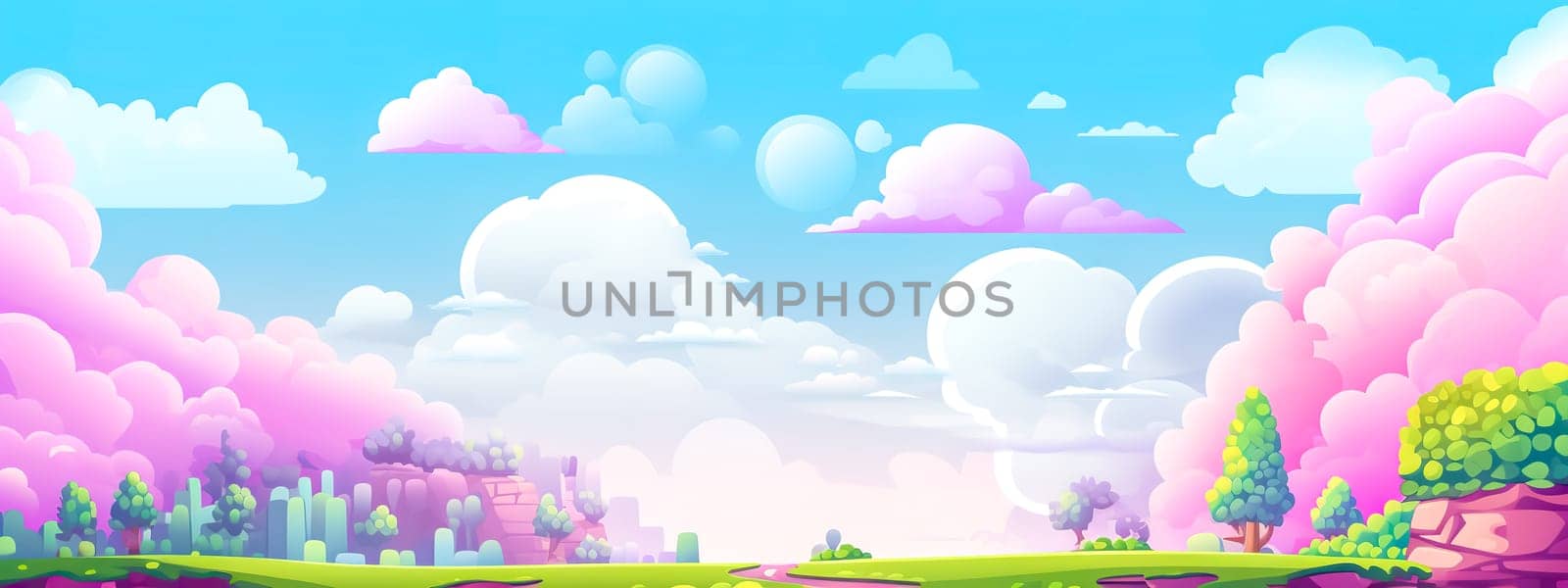 stylized landscape. It features a foreground of lush greenery and trees, with a background of pastel-colored pink clouds in a blue sky. The image combines elements of fantasy and serenity, banner