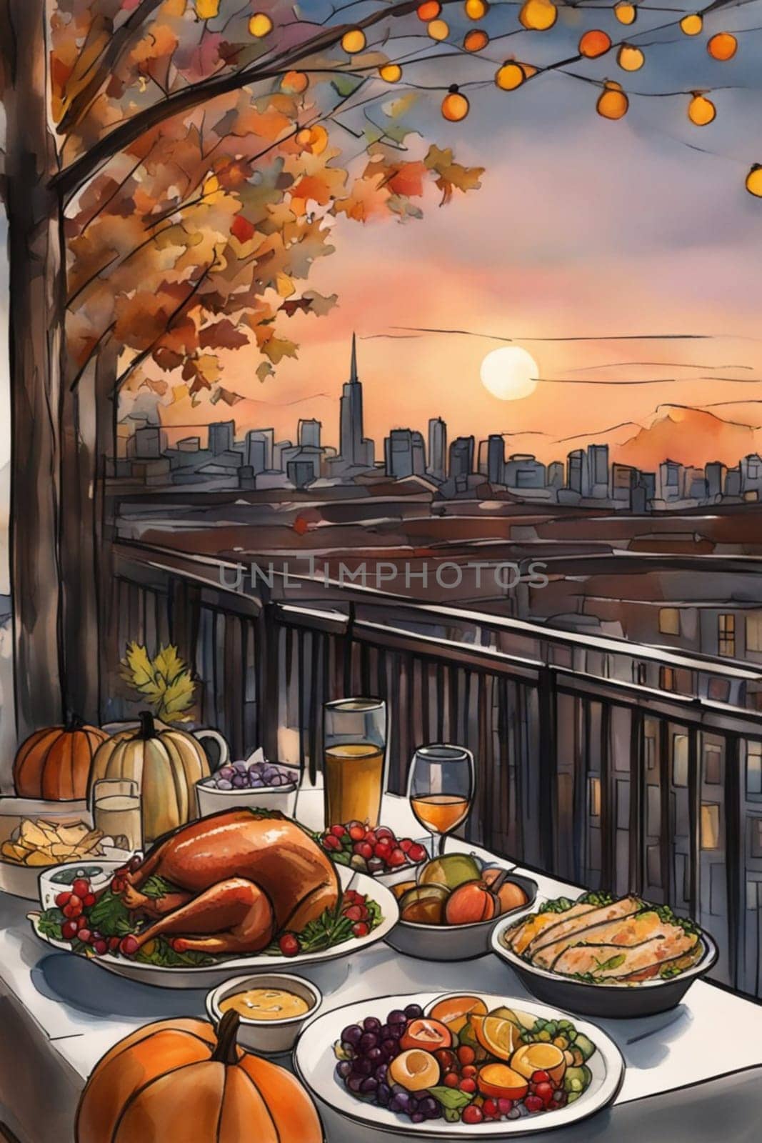 loving family enjoy thanksgiving lunch at the table with view, illustration by verbano