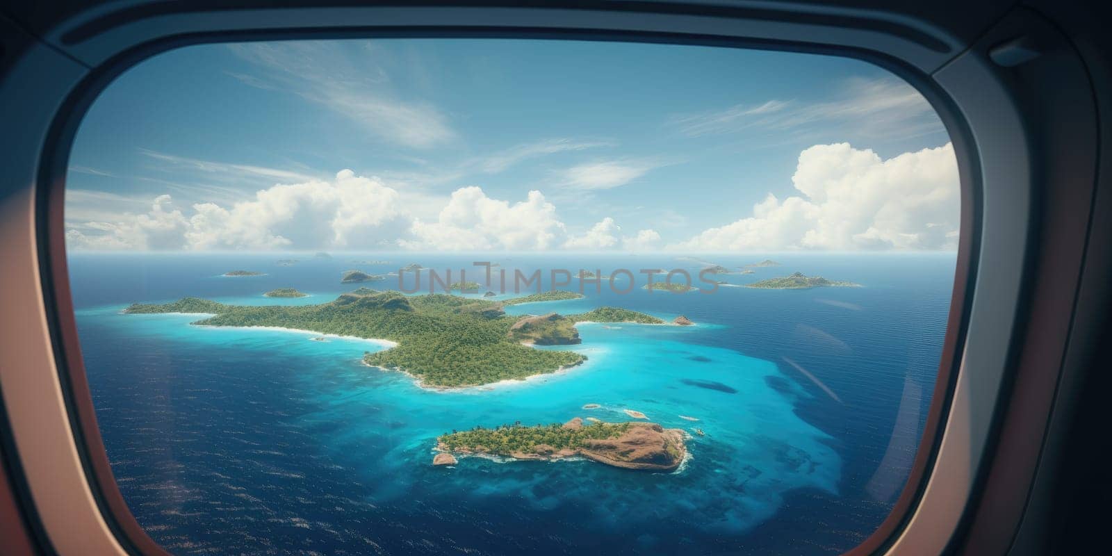 Beautiful view from the airplane window to a lovely island with light blue sea, amazing nature concept, traveling by Kadula