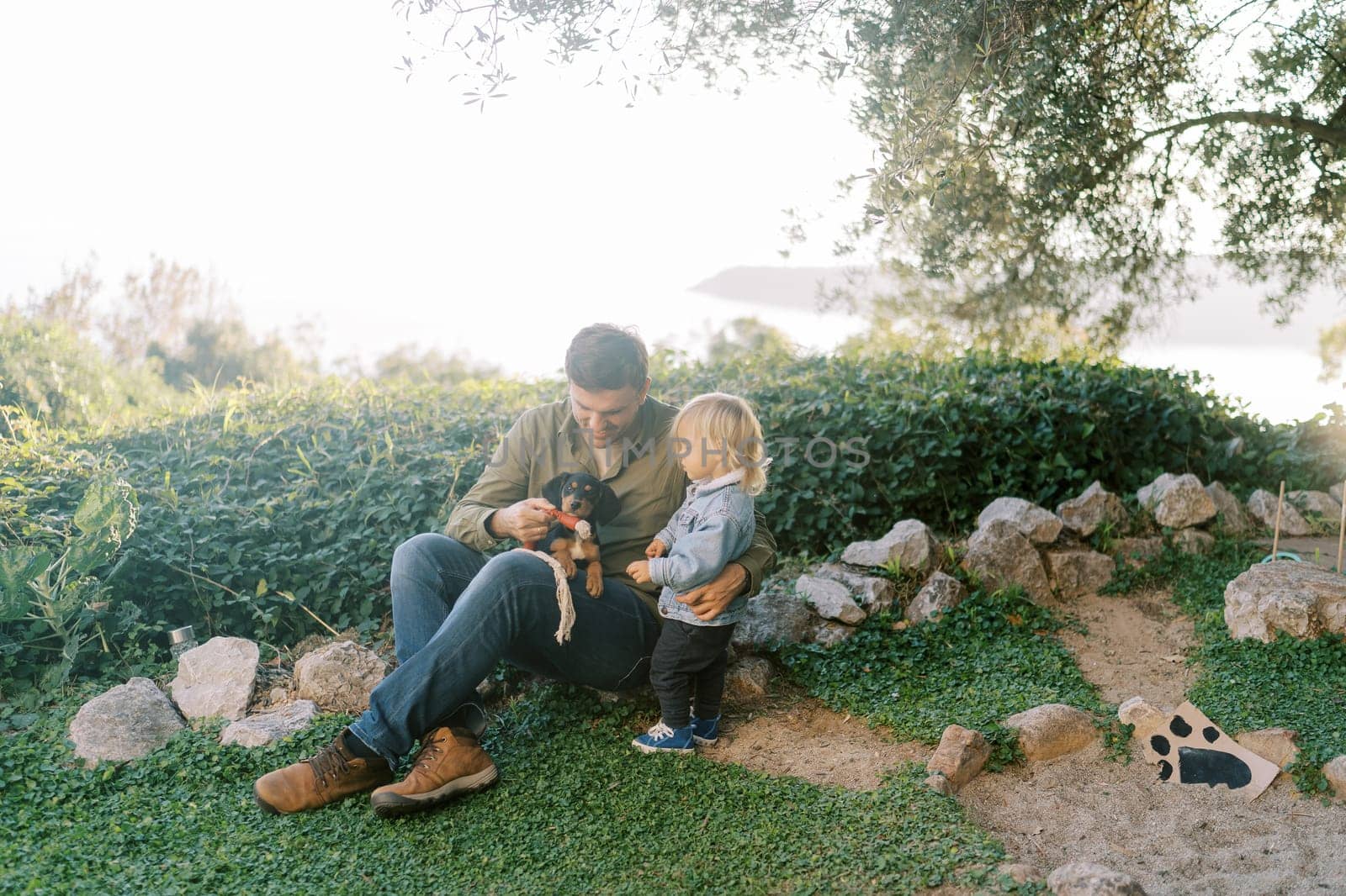 Little girl stands next to her father sitting on the lawn with a puppy sniffing a toy on his lap. High quality photo