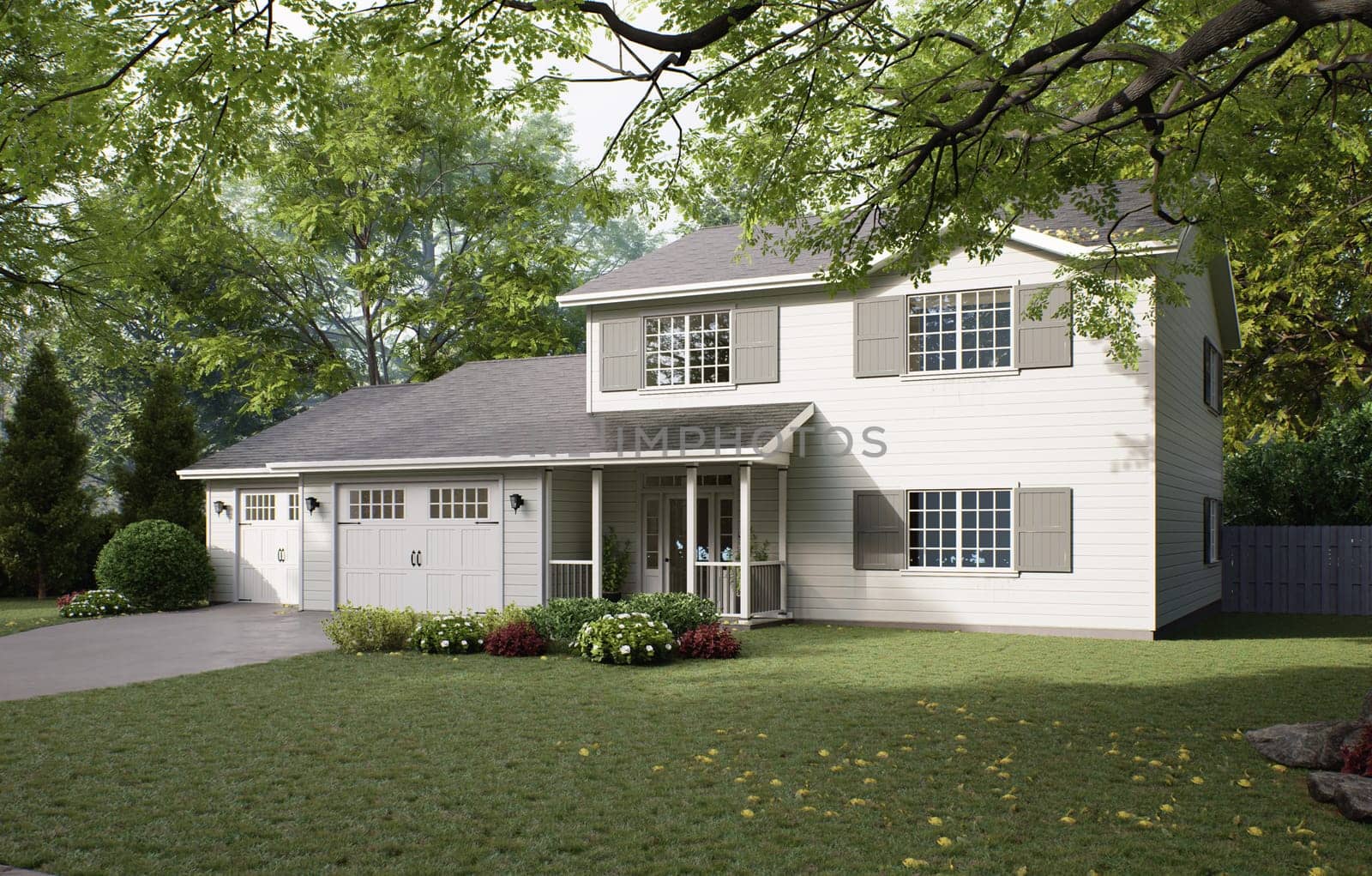 Traditional American home with two garages, a driveway and a large tree. by N_Design