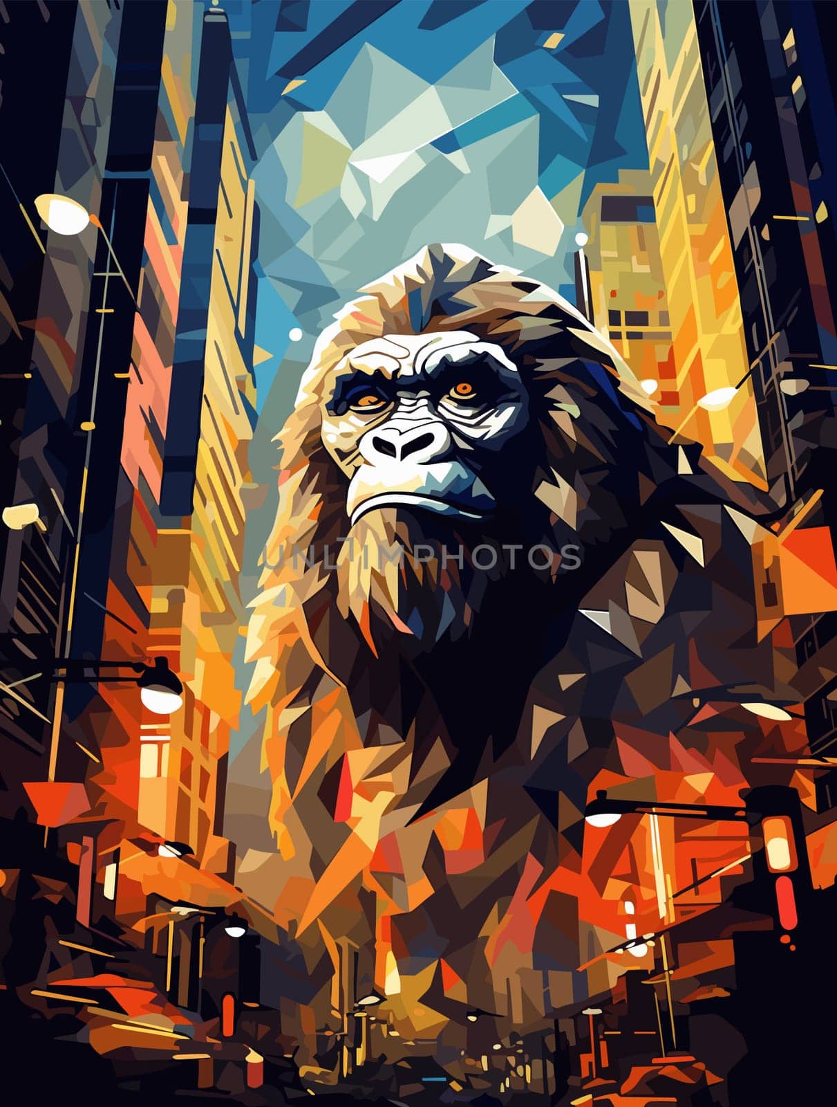 Abstract portrait of an angry and terrified giant gorilla on the streets of a metropolis in a psychedelic vector pop art style. Template for poster, t-shirt print, sticker, design element, etc.