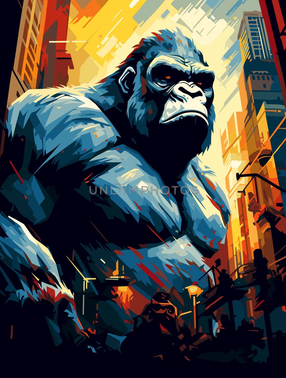 Abstract portrait of an angry and terrified giant gorilla on the streets of a metropolis in a psychedelic vector pop art style. Template for poster, t-shirt print, sticker, design element, etc.