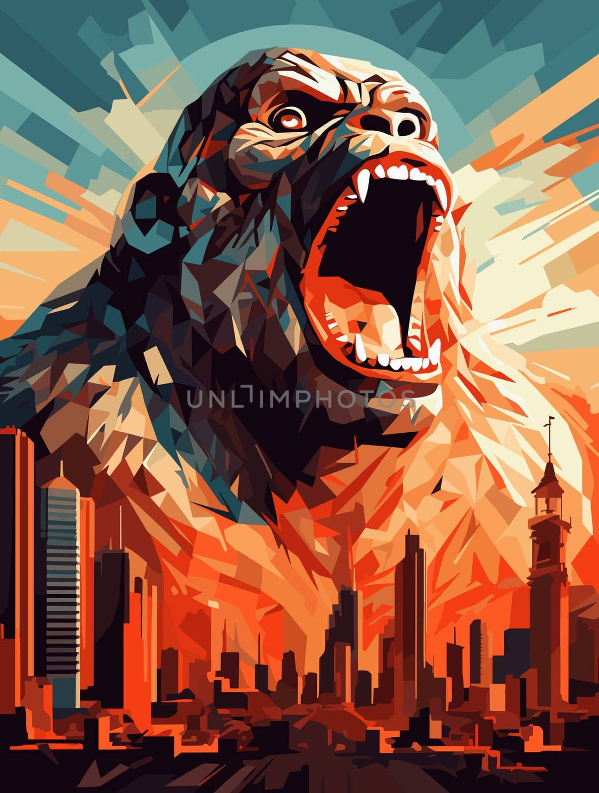 Abstract portrait of an angry and terrified giant gorilla on the streets of a metropolis in a psychedelic vector pop art style. Template for poster, t-shirt print, sticker, design element, etc.