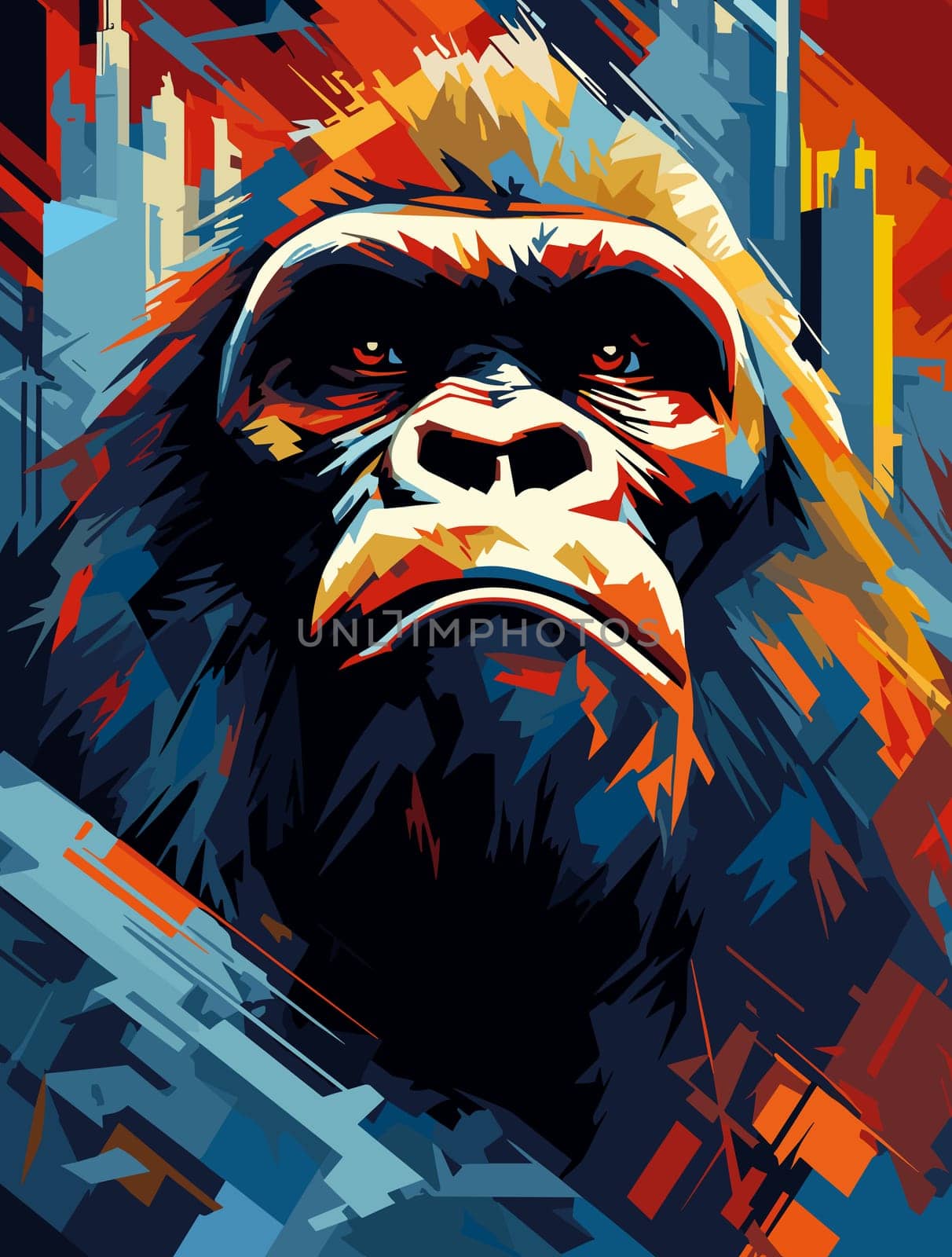 Abstract portrait of an angry and terrified giant gorilla on the streets of a metropolis in a psychedelic vector pop art style. Template for poster, t-shirt print, sticker, design element, etc.