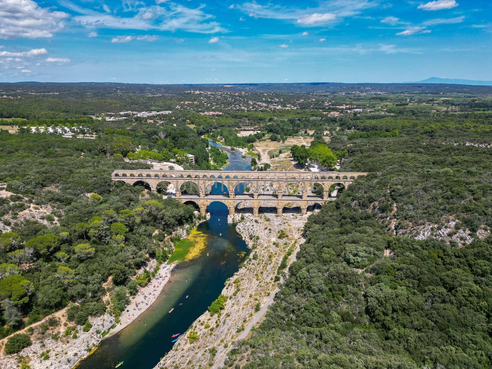 Aerial photo of Pont du Gard is ancient Roman aqueduct that crosses the Gardon River, High quality photo