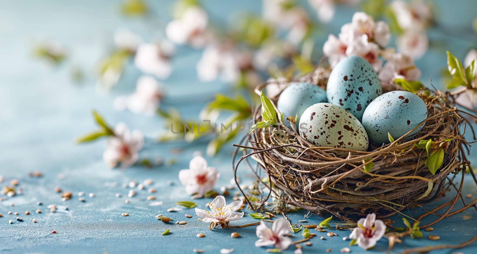 Easter holiday celebration banner greeting card banner with easter eggs and flowers on table.