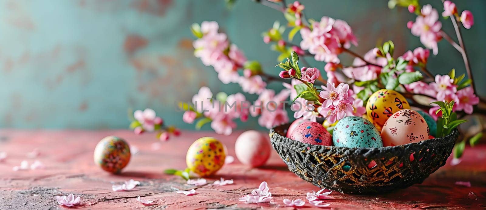 Easter holiday celebration banner greeting card banner with easter eggs and flowers on table.