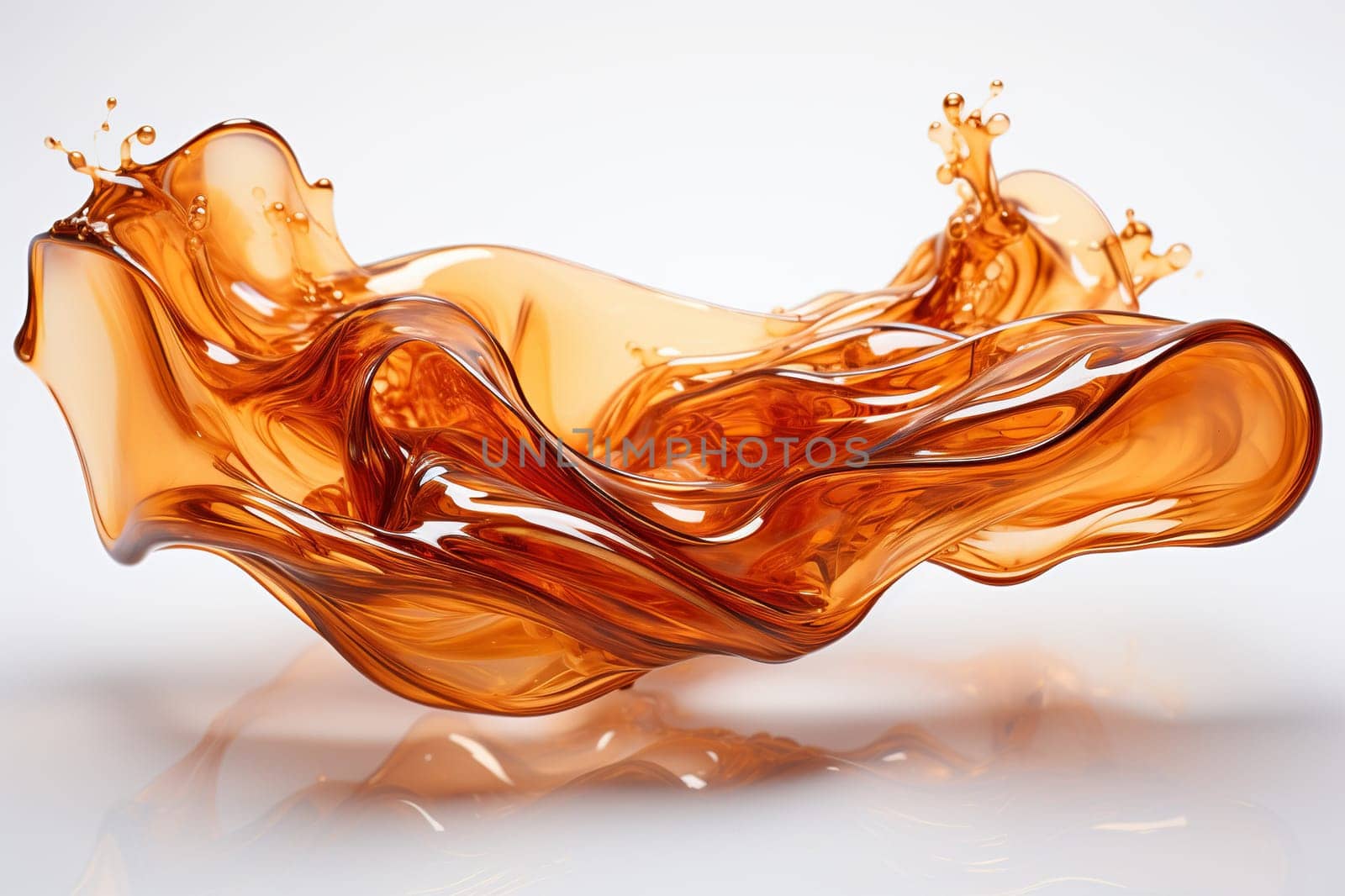 A splash of liquid bronze on a white background. Abstraction. Generated by artificial intelligence by Vovmar