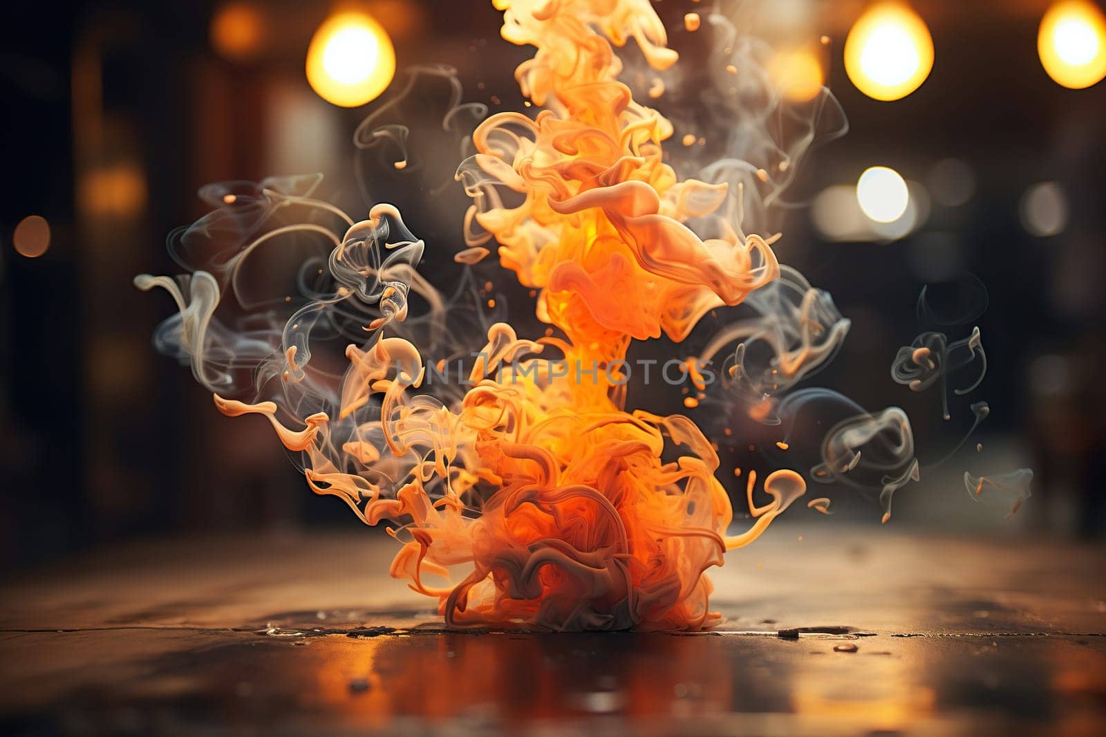 An orange puff of smoke over the asphalt. Abstract blurred background.