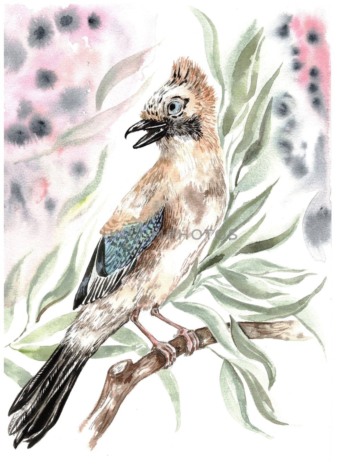 watercolor illustration with bird sitting on a tree twig by fireFLYart