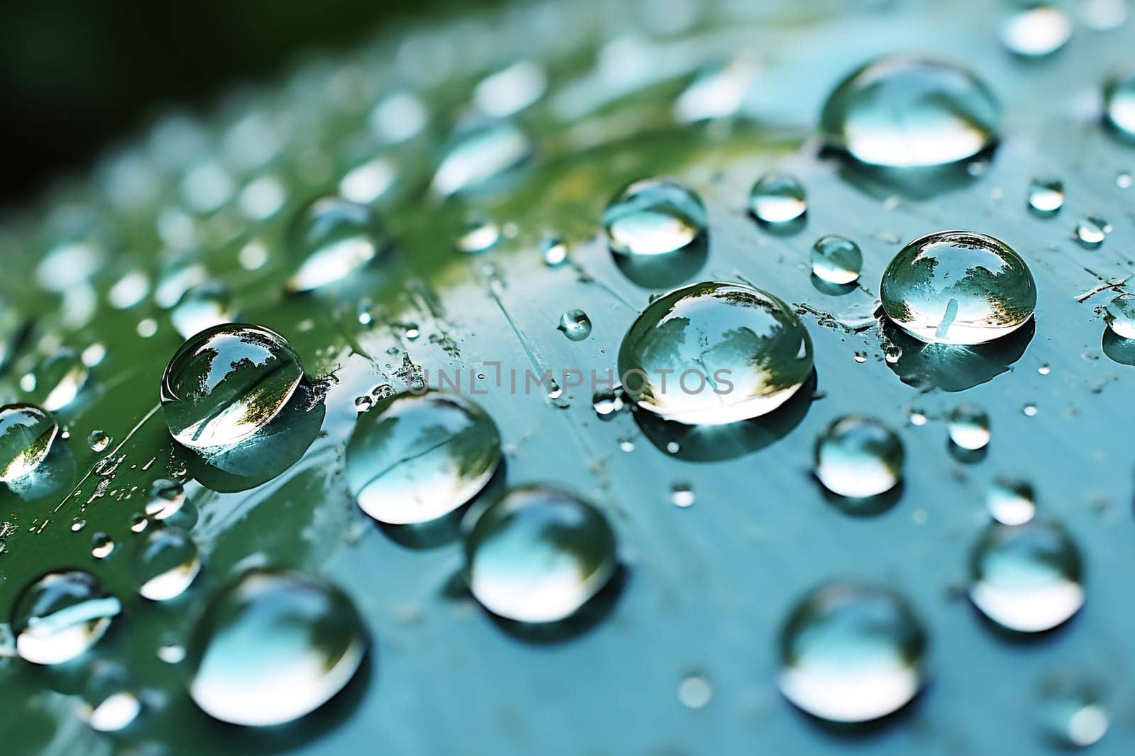 Side macro view of rainbow water drops on a green leaf, abstract background.