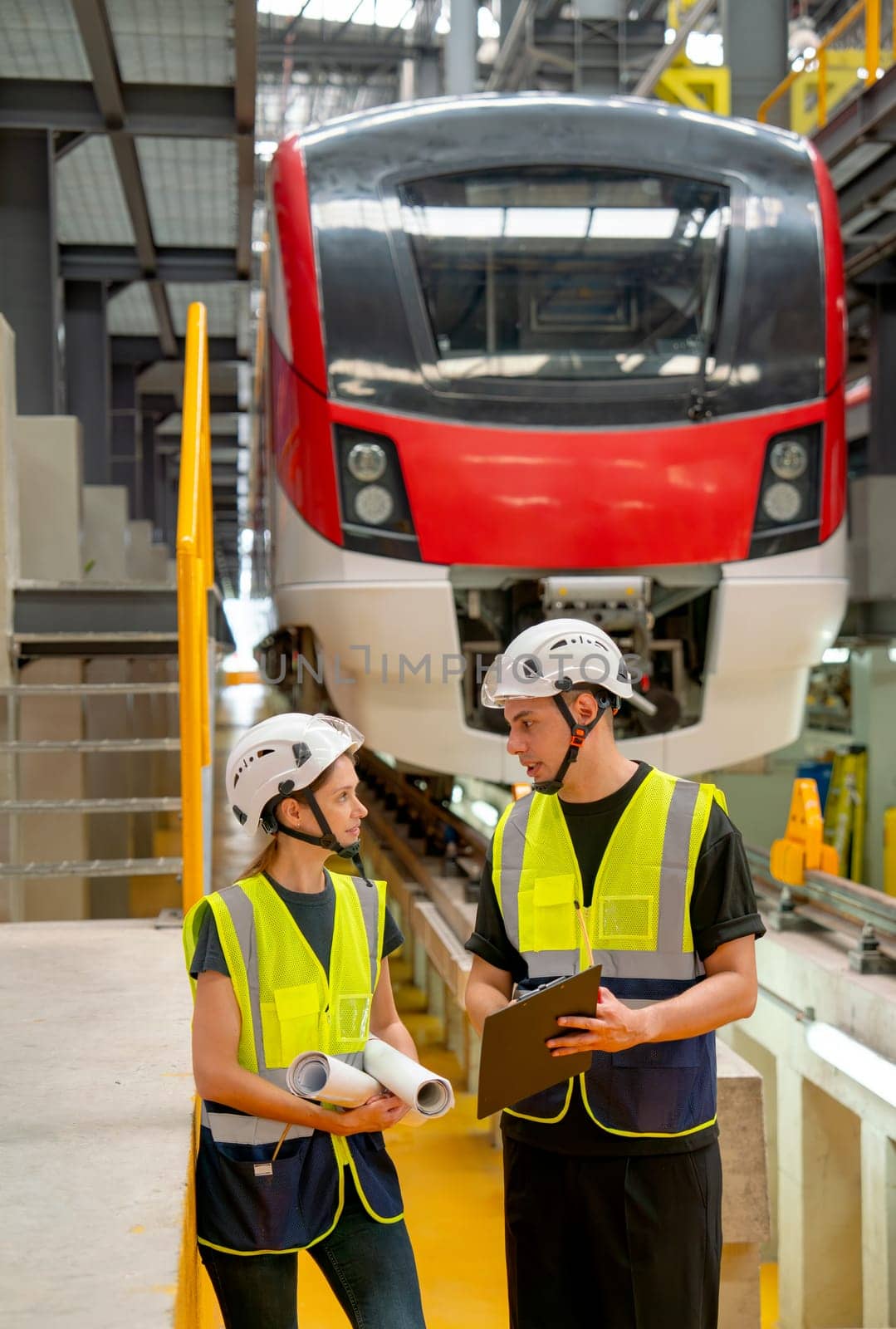 Vertical image of technician worker or engineer man try to explain the data on paper that he carry to his co-worker woman and stay in front of factory workplace or maintenance center.