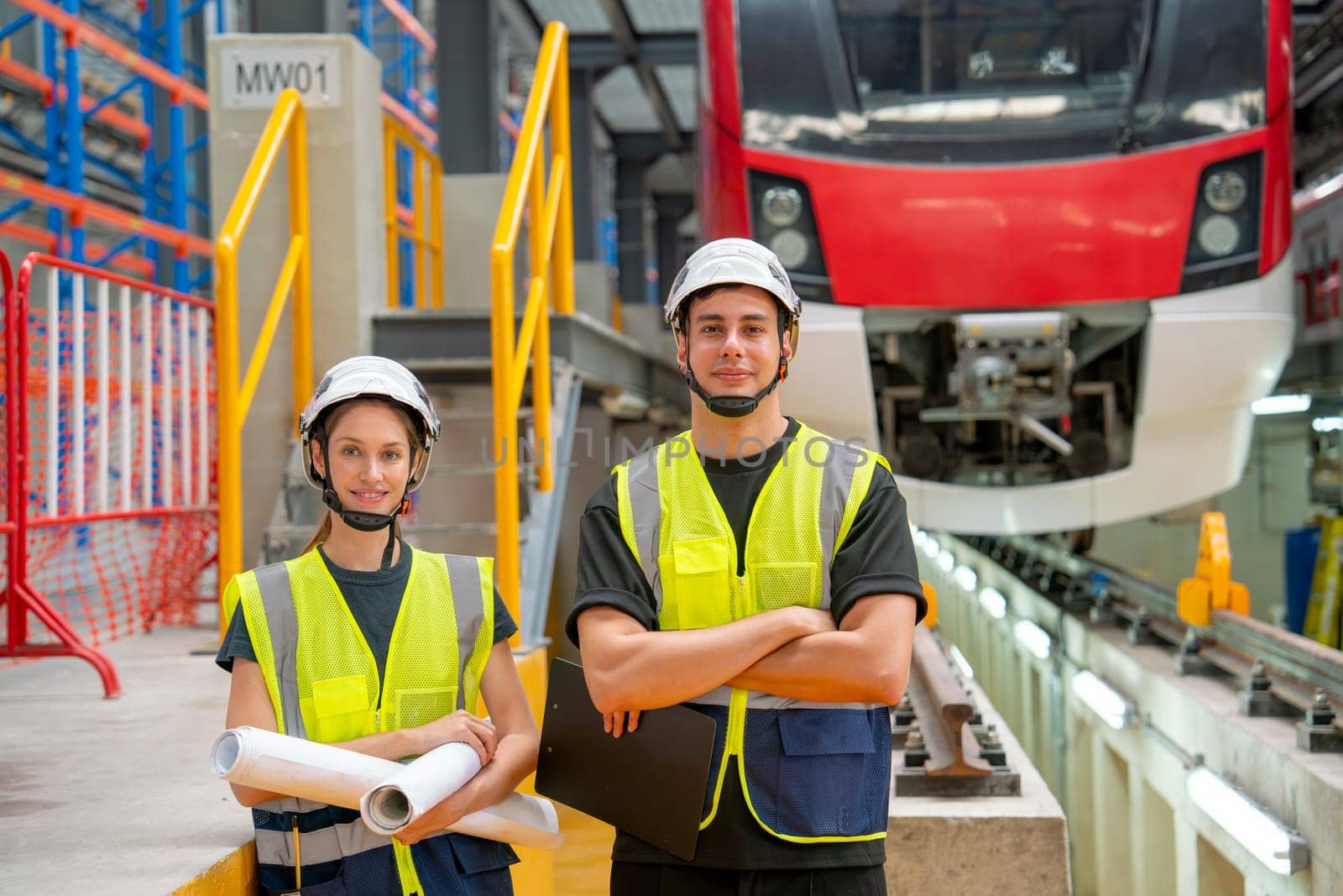 Portrait of professional engineer or technician workers man and woman look at camera with arm crossed and they stay in front of electric train in factory workplace.