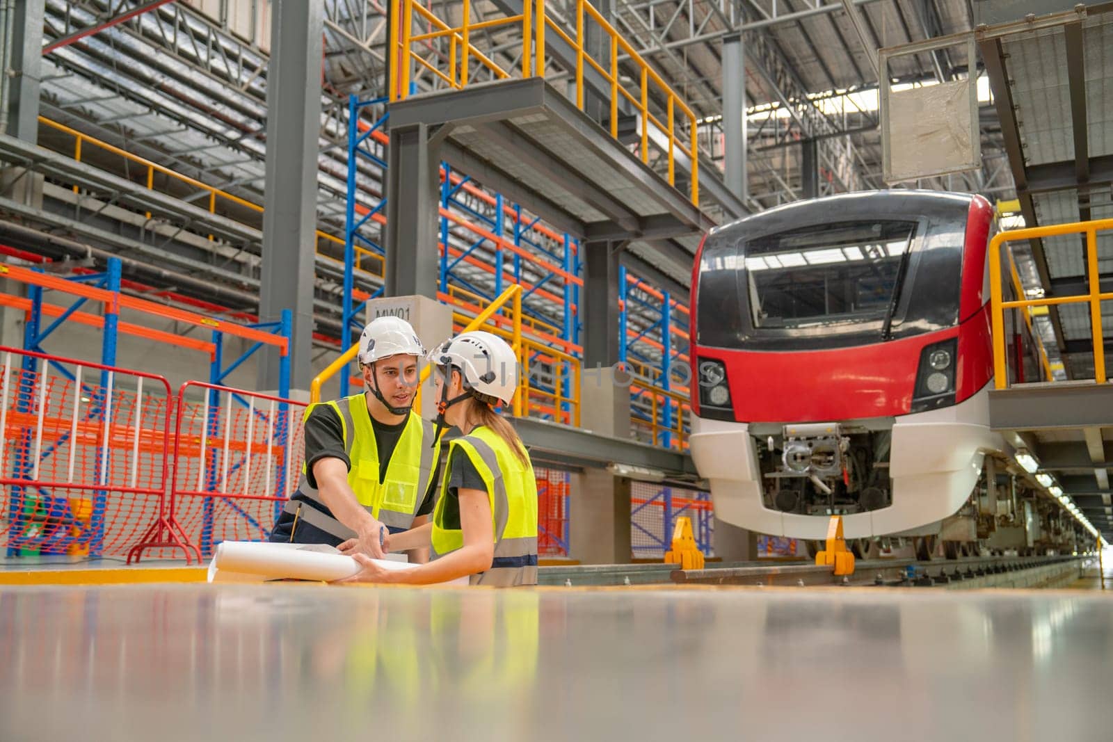 Two engineer or technician workers man and woman discuss together using drawing paper and stay in area near rail and front of electric train.