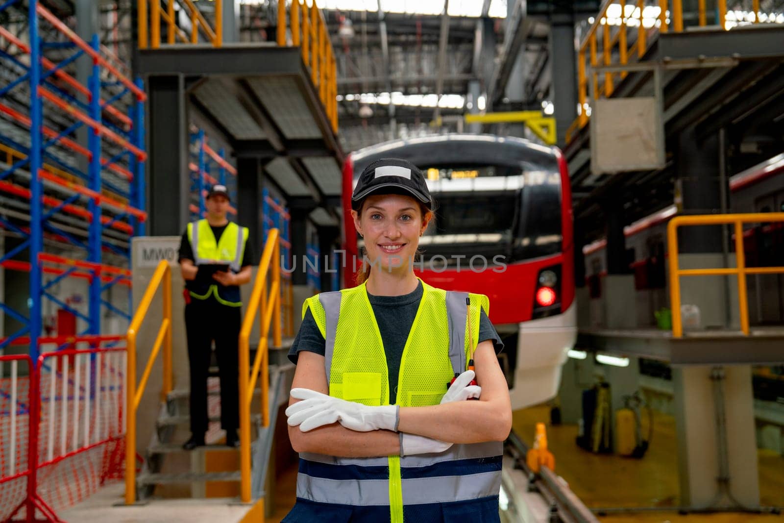 Portrait of professional engineer or technician worker woman stand with arm-crossed in front of co-worker and electric train in workplace area of maintenance center.