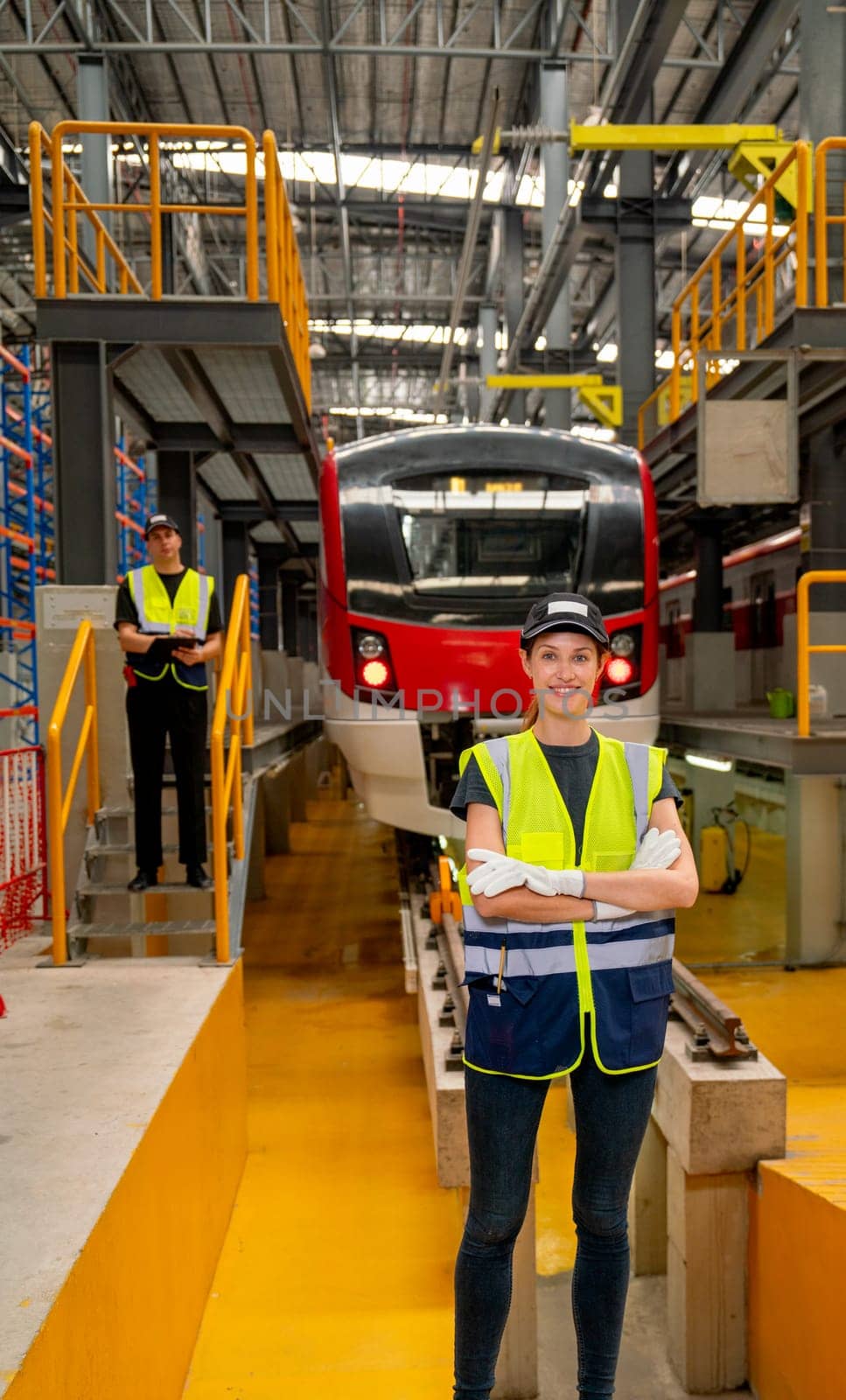 Vertical image of professional engineer or technician worker woman stand with arm-crossed in front of co-worker and electric train in workplace area of maintenance center.