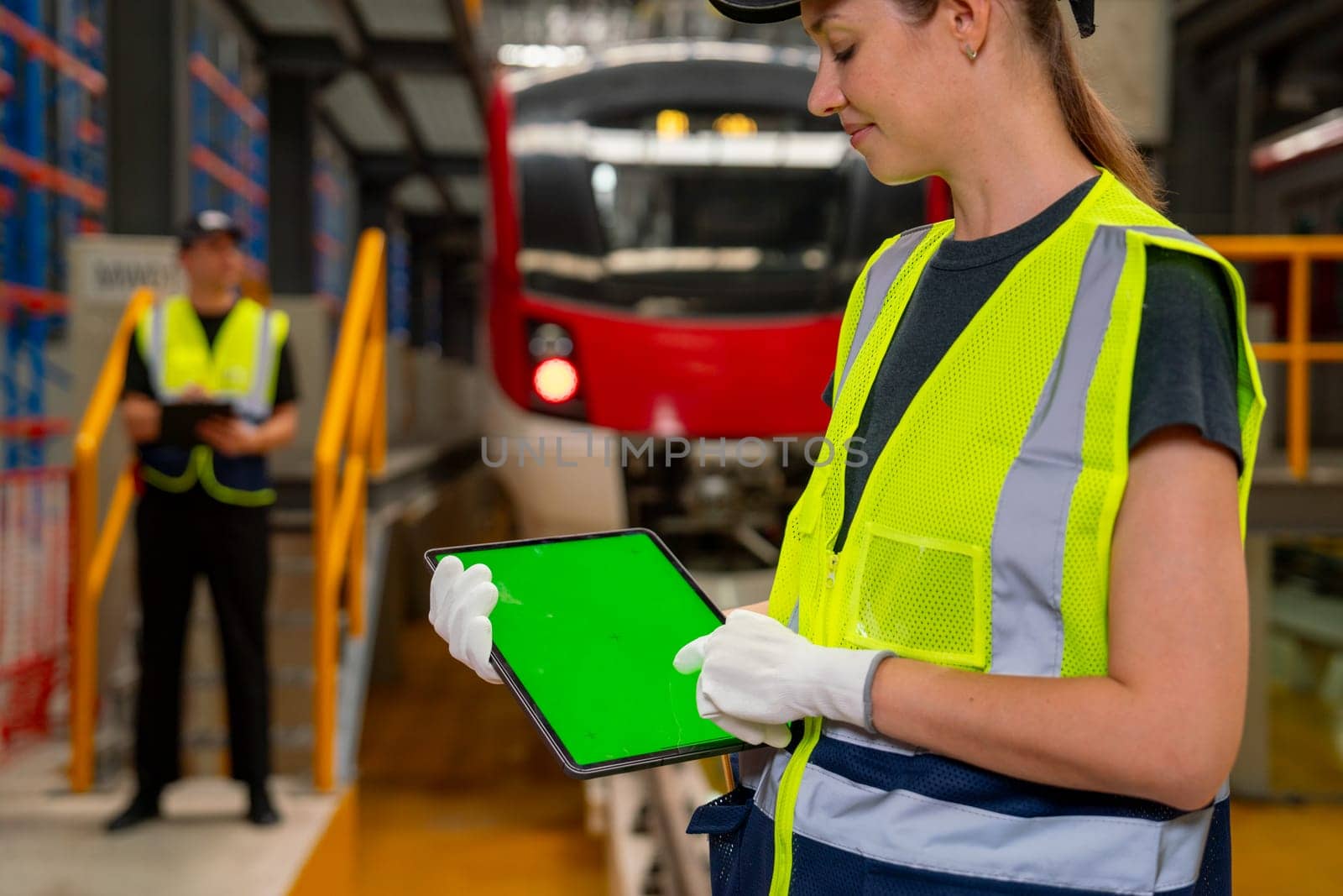 Close up engineer or technician worker woman hold tablet with green screen and look at it also stay in front of electric train in factory workplace or maintenance center.