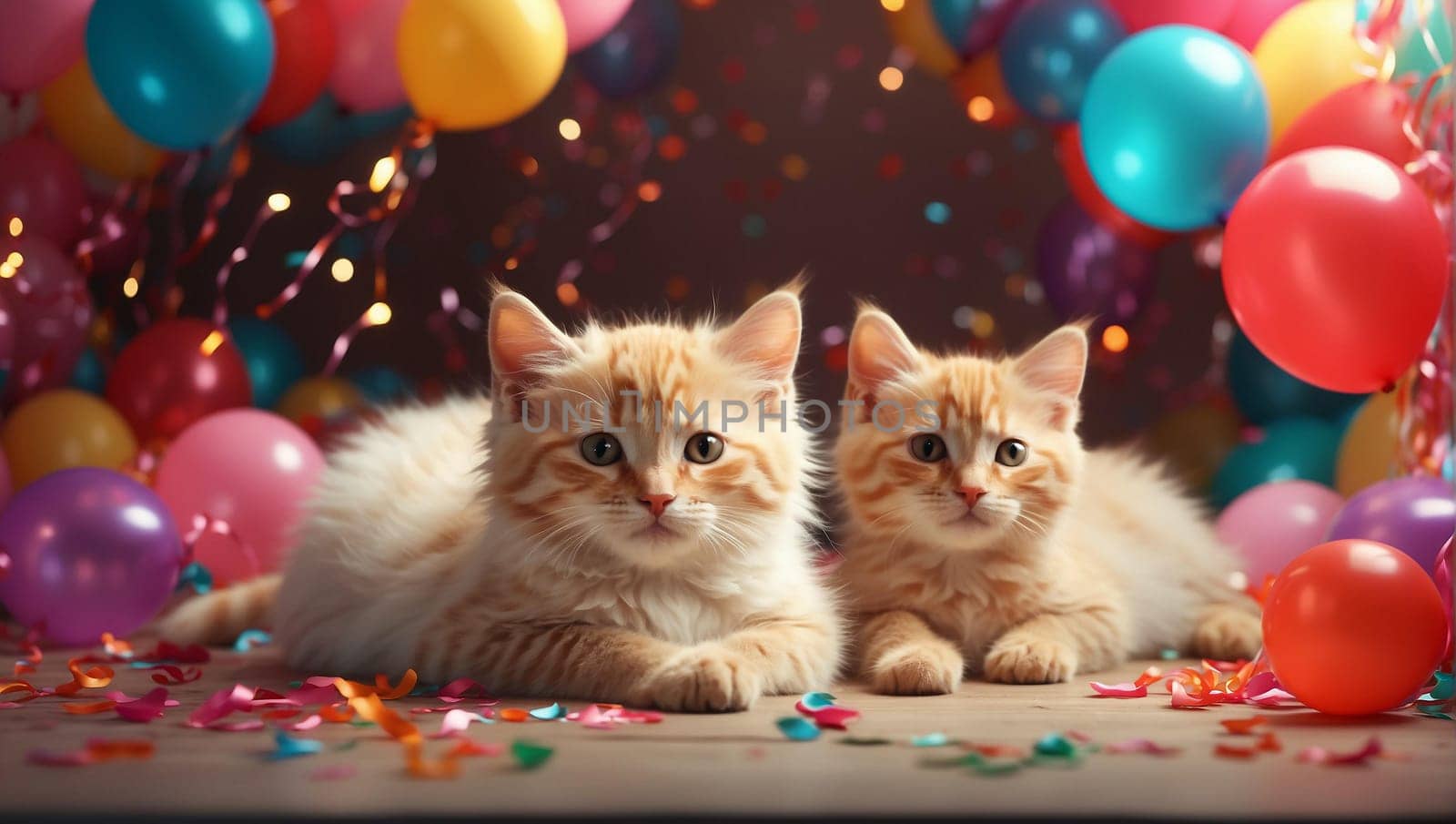 Kittens on a dark festive background surrounded by colorful balloons