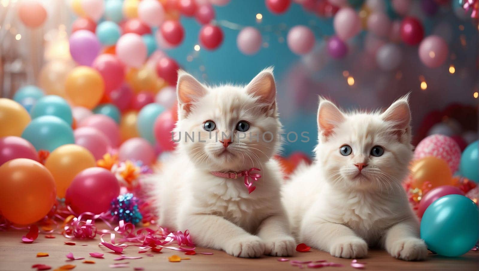 Kittens on dark blue festive background surrounded by colorful balloons