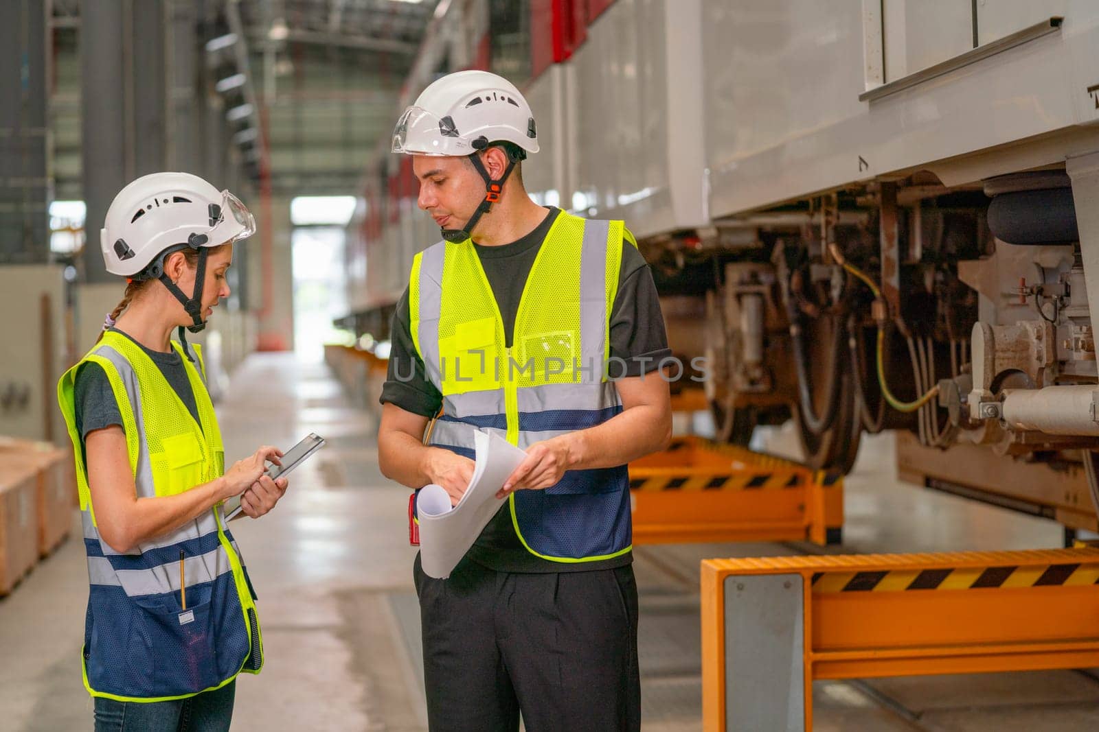 Two professional engineer or technician worker discuss about work and stand near the train in workplace area.