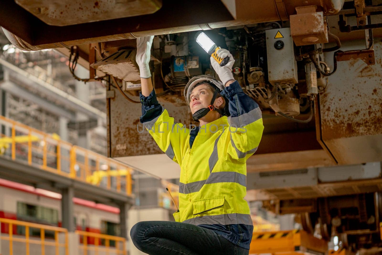 Lower view of train factory or professional technician worker check and fix the problem of the train using hold light stick and stay under electric train in maintenance center.