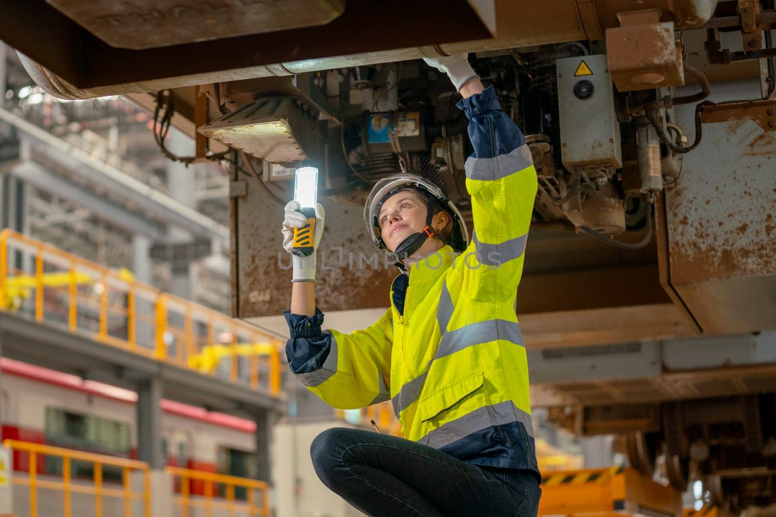 Lower view of train factory or professional technician worker check and fix the problem of the train using hold light stick and stay under electric train in maintenance center.