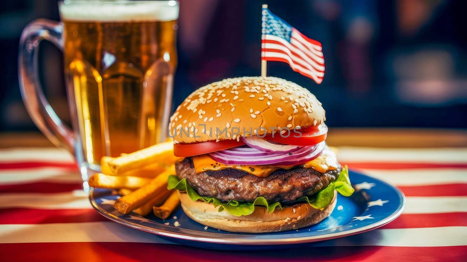 A large, delicious burger on a plate, fries and a drink in a patriotic cafe, against the backdrop of the American flag. by Alla_Yurtayeva