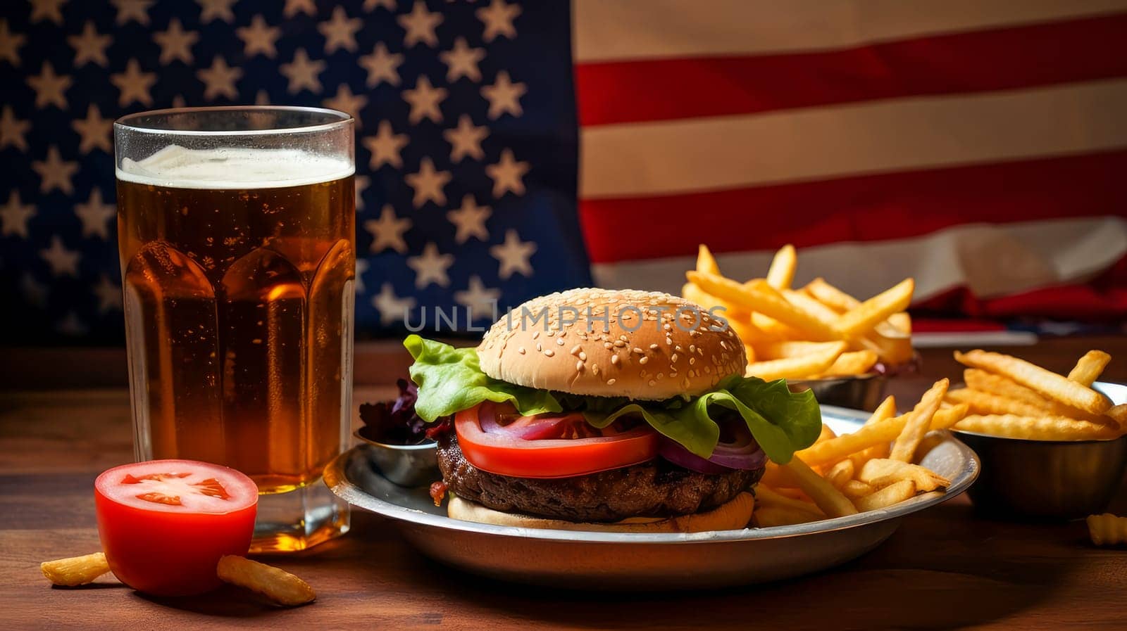 A large, delicious burger on a plate, fries and a drink in a patriotic cafe, against the backdrop American flag. American President's Day, USA Independence Day, American flag colors background, February holiday, stars and stripes, red and blue 4 July