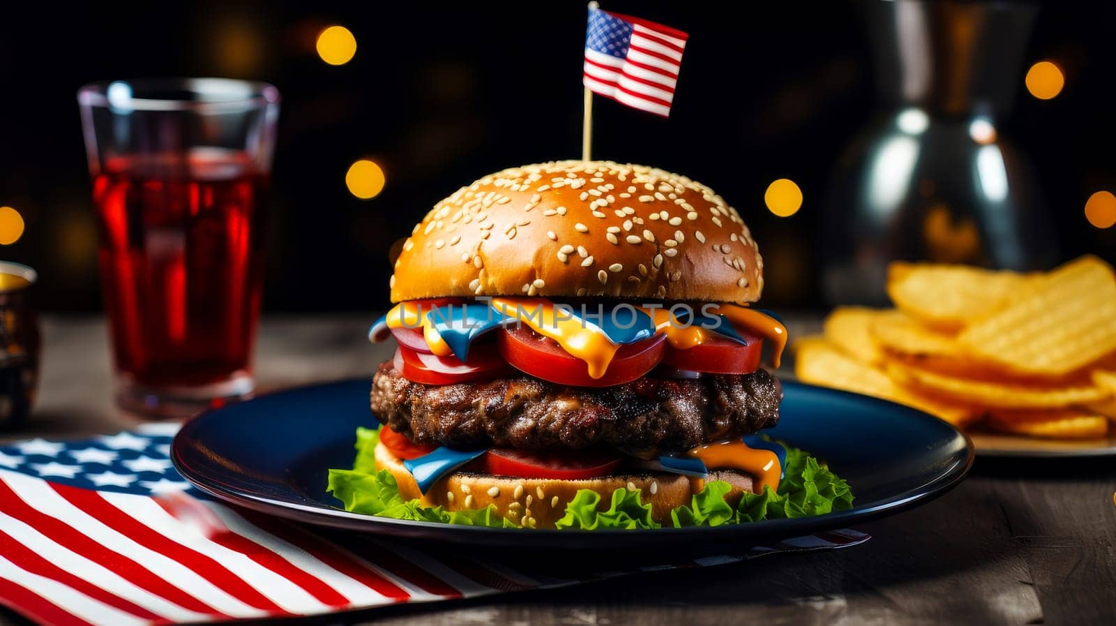 A large, delicious burger on a plate, fries and a drink in a patriotic cafe, against the backdrop of the American flag. by Alla_Yurtayeva