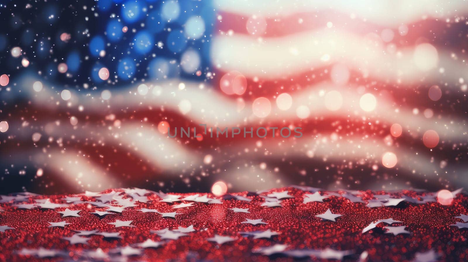 Festive salute, fireworks against the background of the flag of the United States of America. American President's Day, USA Independence Day, American flag colors background, 4 July, February holiday, stars and stripes, red and blue