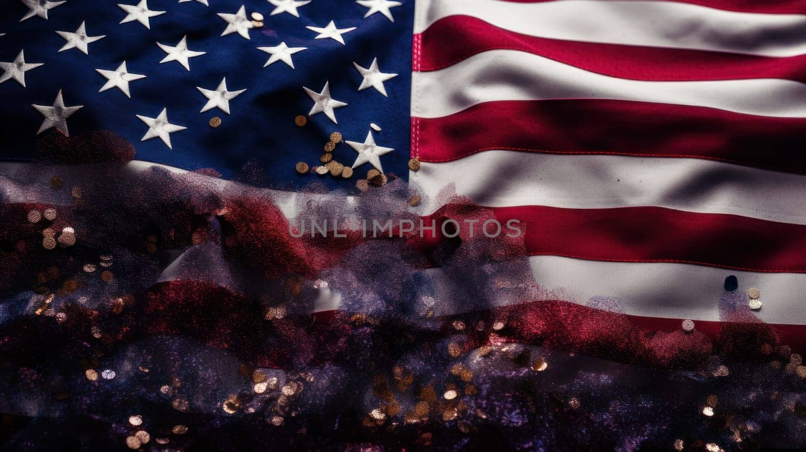 Festive salute, fireworks against the background of the flag of the United States of America. American President's Day, USA Independence Day, American flag colors background, 4 July, February holiday, stars and stripes, red and blue