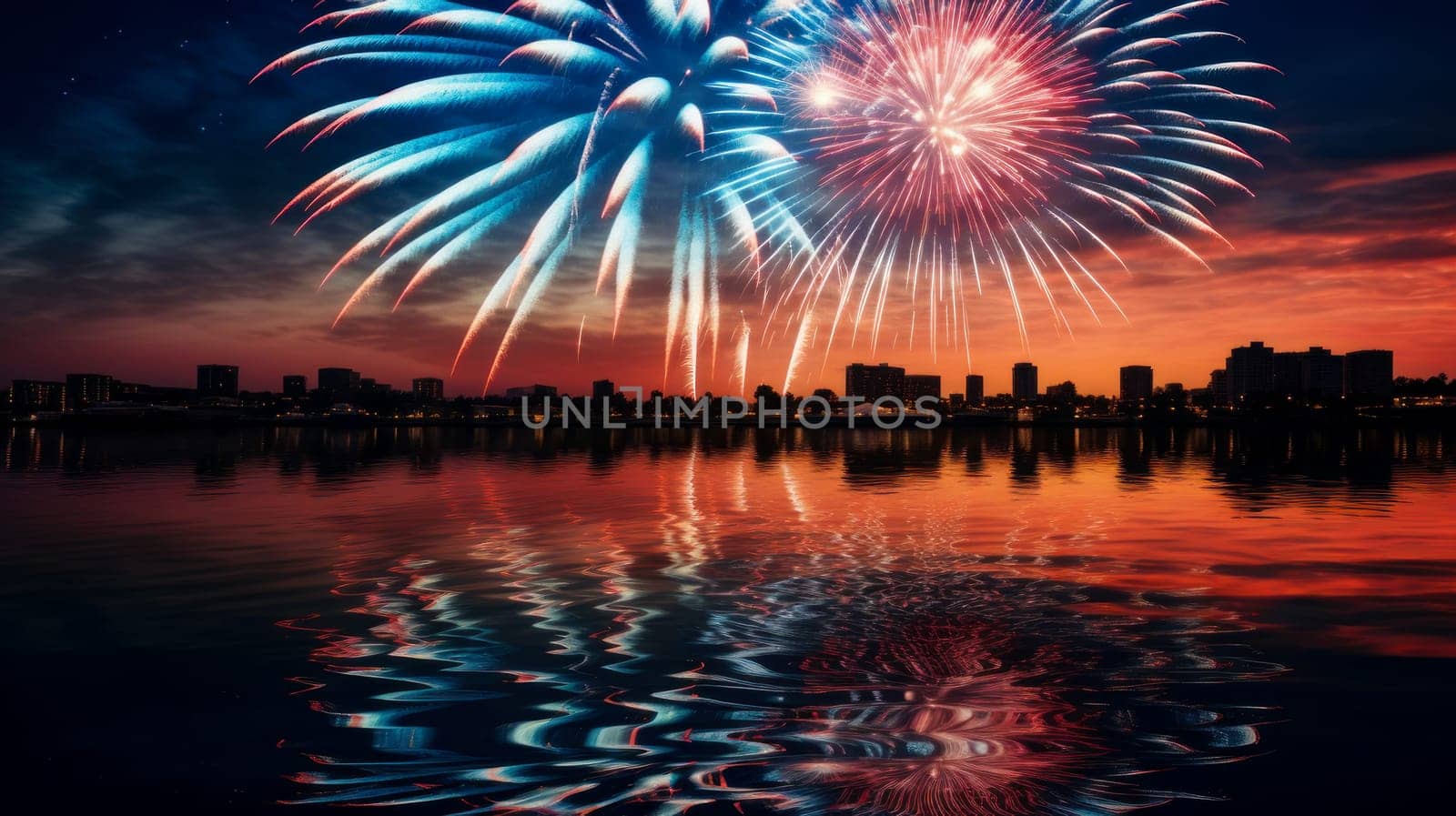 A huge, beautiful fireworks display over the big city and the river in honor of the holiday. American President's Day, USA Independence Day, American flag colors background, 4 July, February holiday, stars and stripes, red and blue